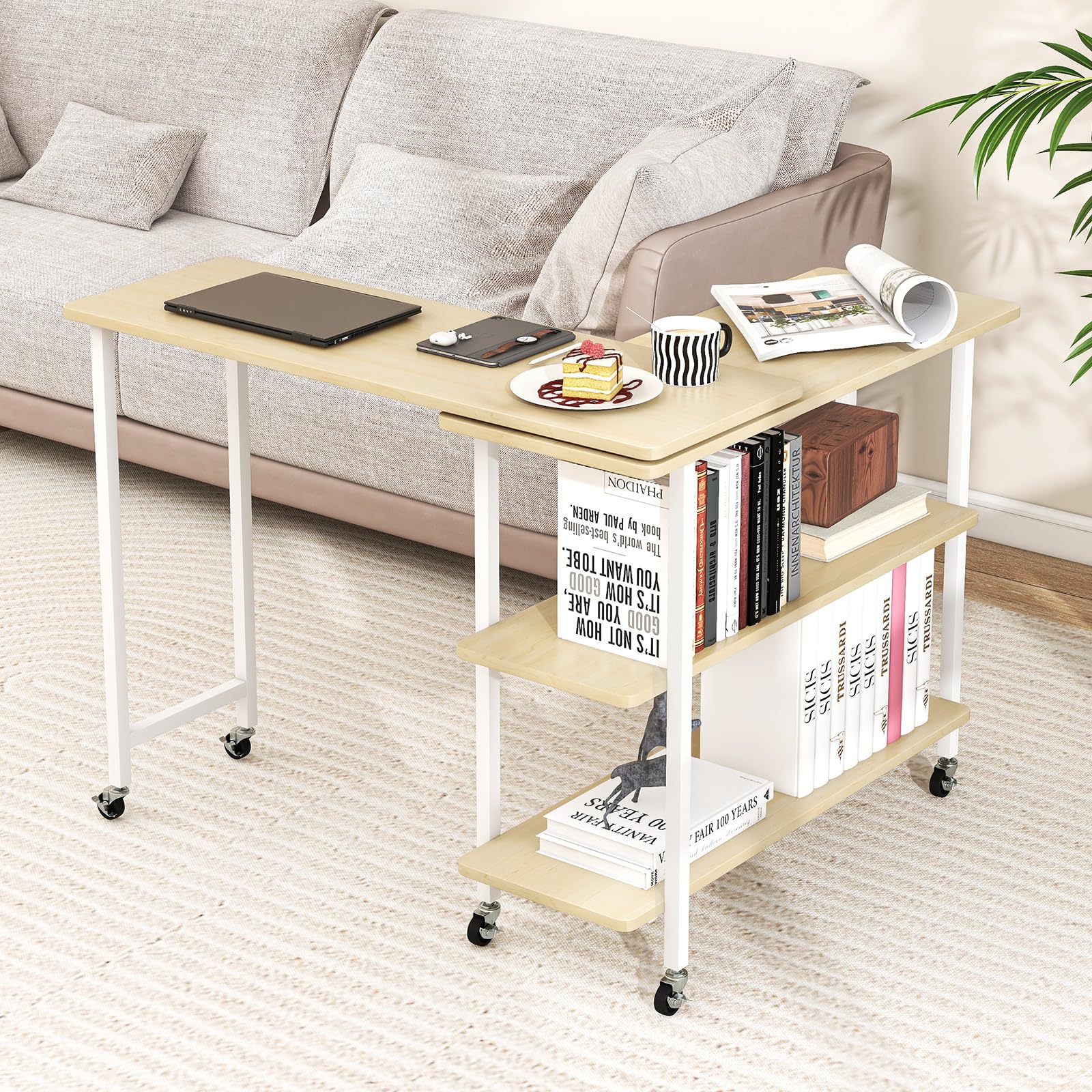 Giantex 360 Free Rotating Sofa Side Table, Mobile L-Shaped Laptop Desk with Sturdy Metal Frame, 6 Universal Casters, Movable Cou
