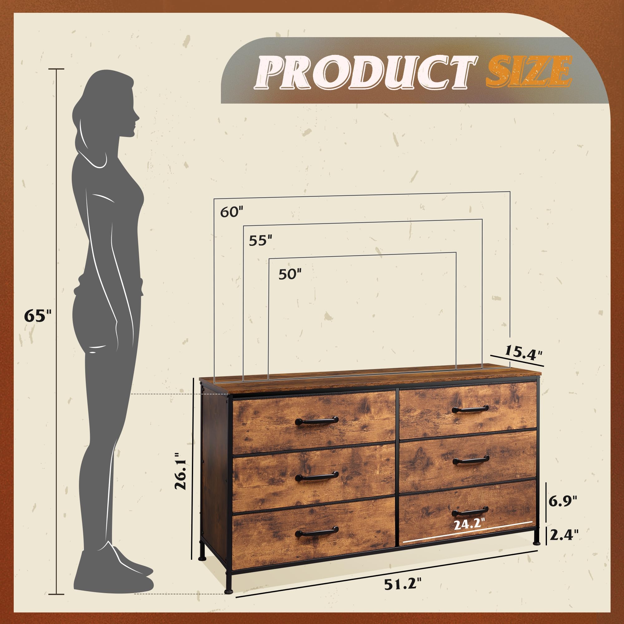 Wlive 6 Drawer Dresser For Bedroom, Wide Fabric Dresser Tv Stand For 60' Tv, Large Storage Tower Unit With Fabric Bins For Bedroom, Closet, Hallway, Rustic Brown