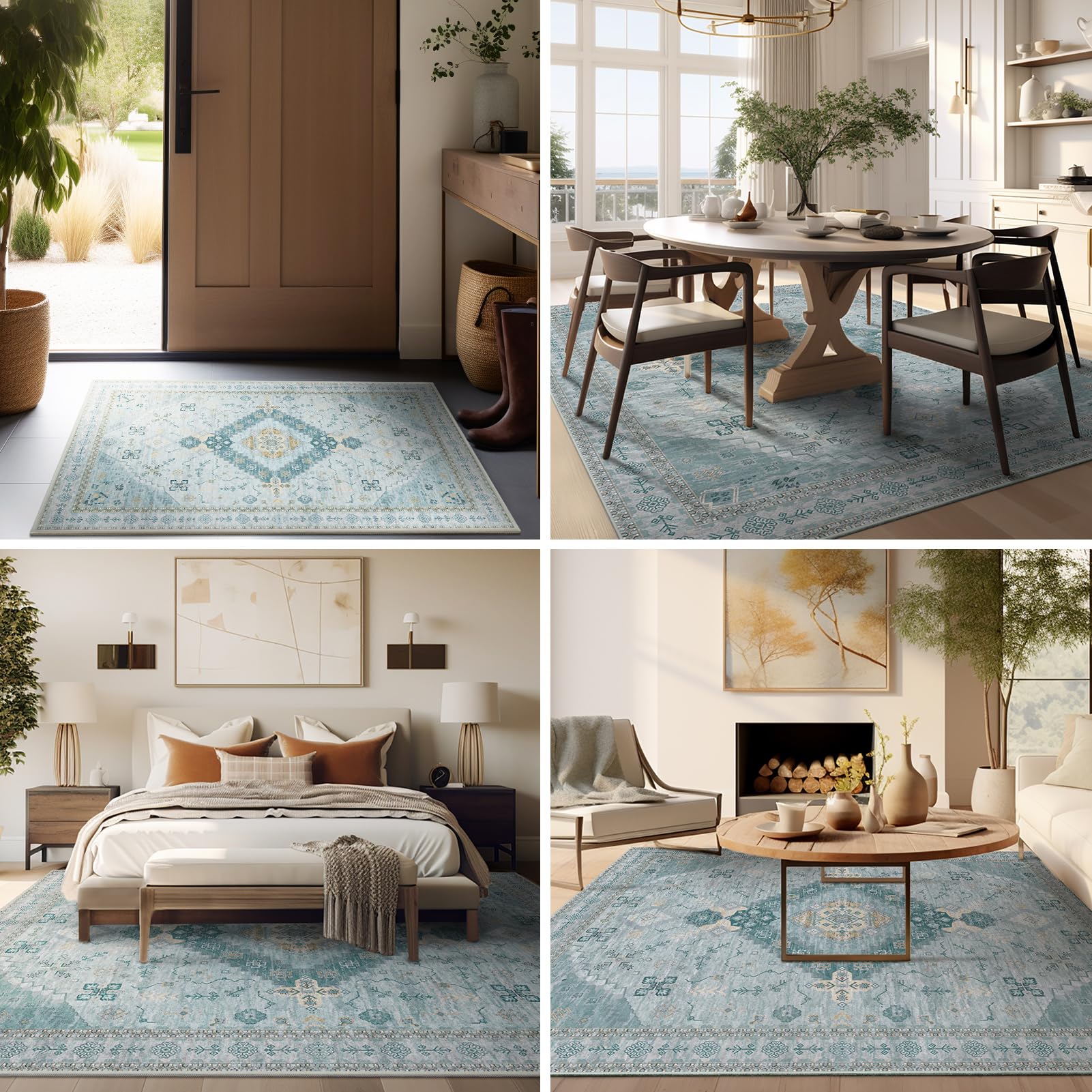 Ashler Vintage Rugs, 4X6 Boho Rug, Rugs For Living Room, Bedroom, Kitchen, Dinner, Light Cyan/Blue Home Decor, Non-Slip & Machin