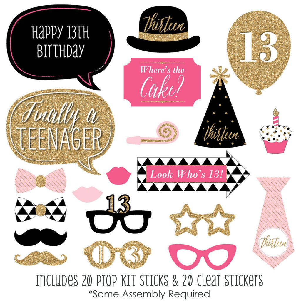 Big Dot Of Happiness Chic 13Th Birthday - Pink, Black And Gold - Photo Booth Props Kit - 20 Count