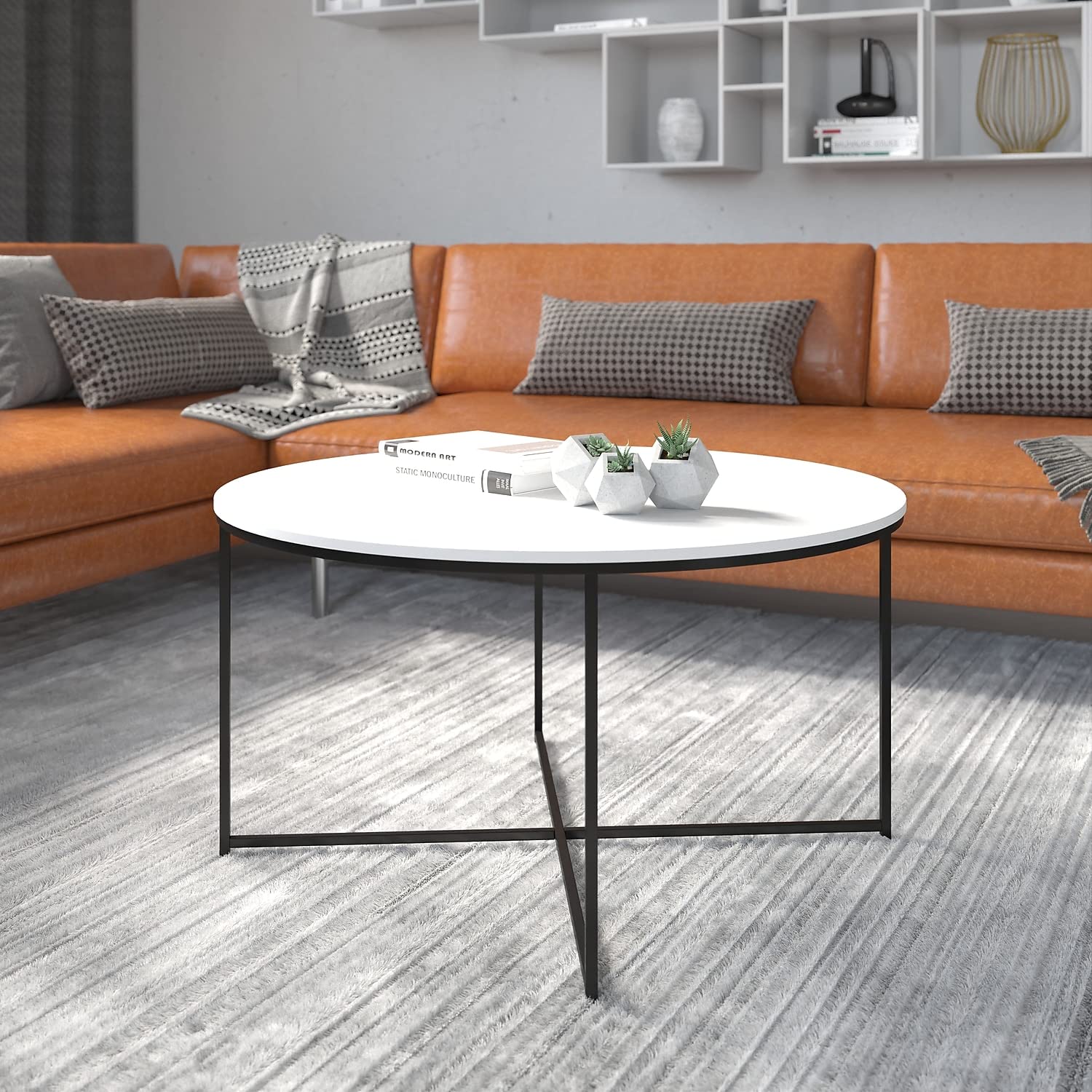 Flash Furniture Hampstead Collection Coffee Table - Modern White Finish Coffee Table - Crisscross Matte Black Frame