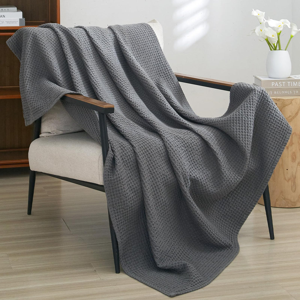 Phf 100% Cotton Waffle Weave Throw Blanket 50'X60'-Lightweight Washed Soft Breathable Blanket For Adults And Kids-Great Blanke