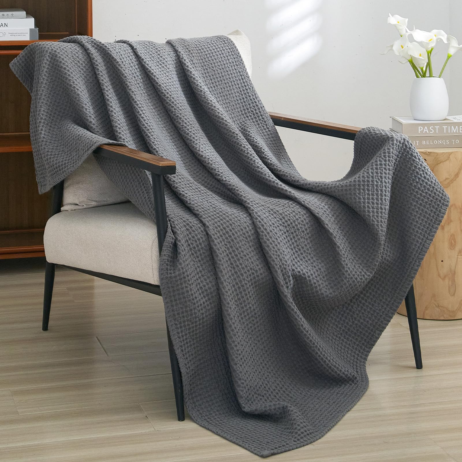 Phf 100% Cotton Waffle Weave Throw Blanket 50'X60'-Lightweight Washed Soft Breathable Blanket For Adults And Kids-Great Blanke