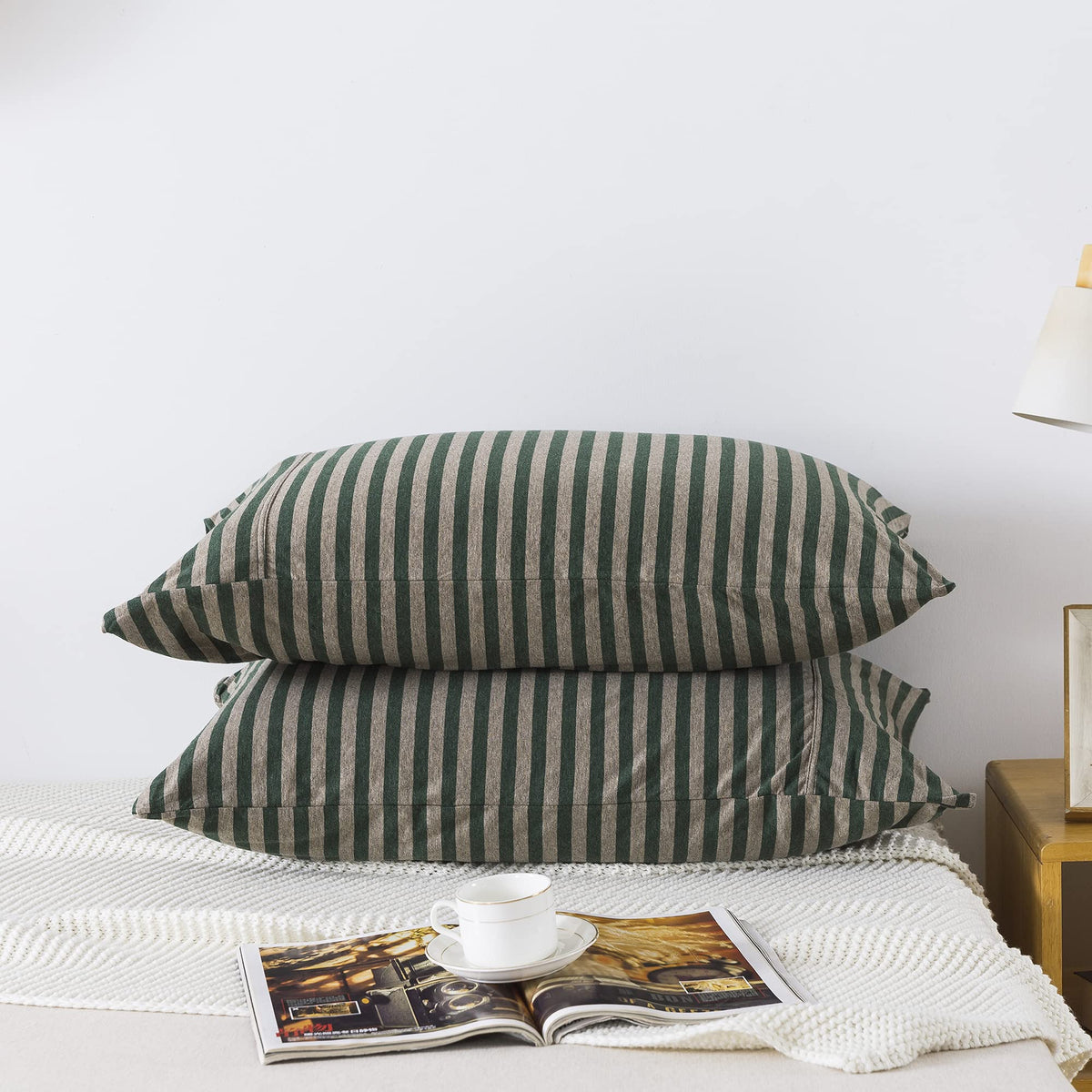 H Household 100% Jersey Cotton Queen Size Pillowcase, Dark Green And Grey Striped, 20' X 30'