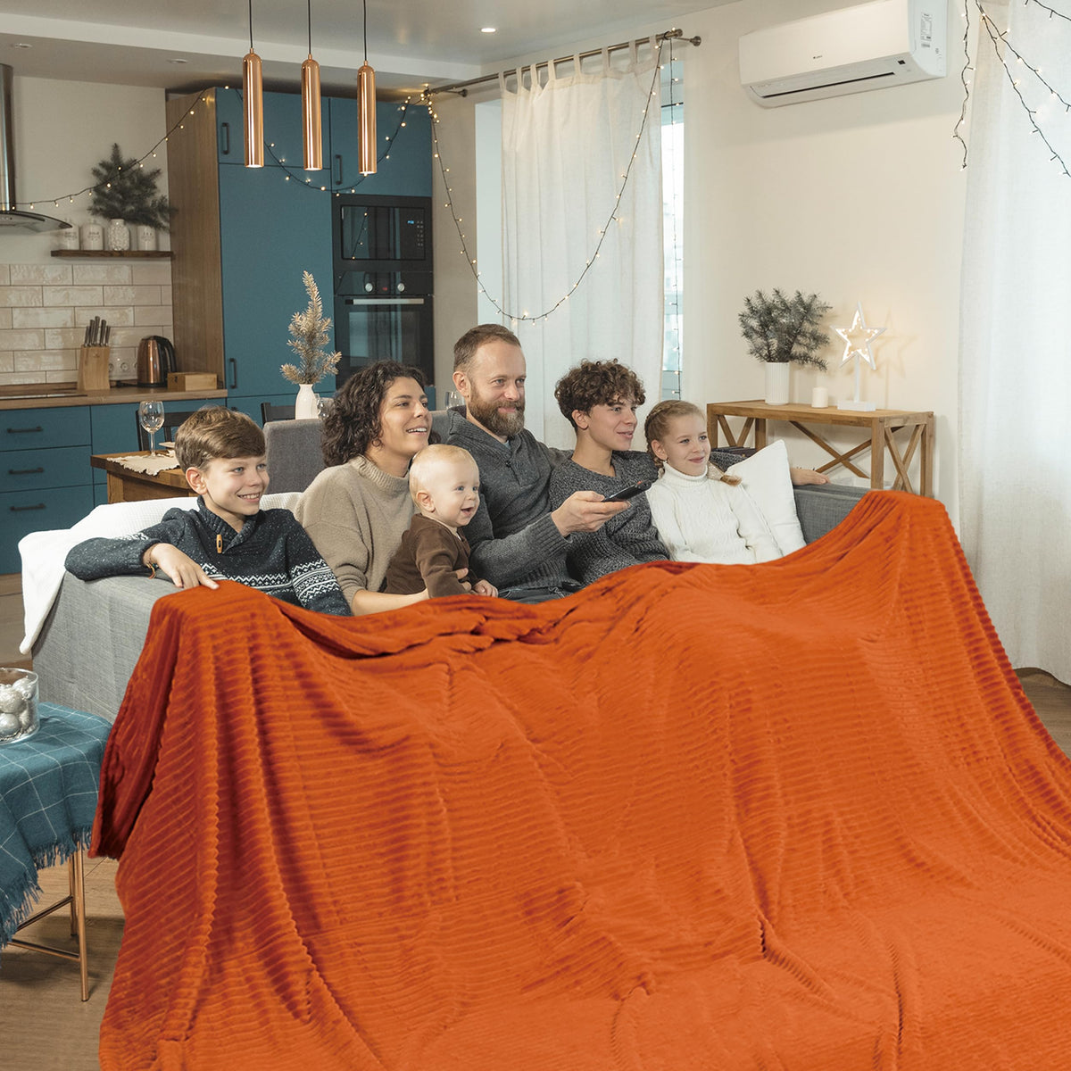 Vessia Flannel Fleece Oversized King Size Blanket(120X120Inch), 300Gsm Cozy Burnt Orange Stripe Bed Blanket For Couch, Sofa And