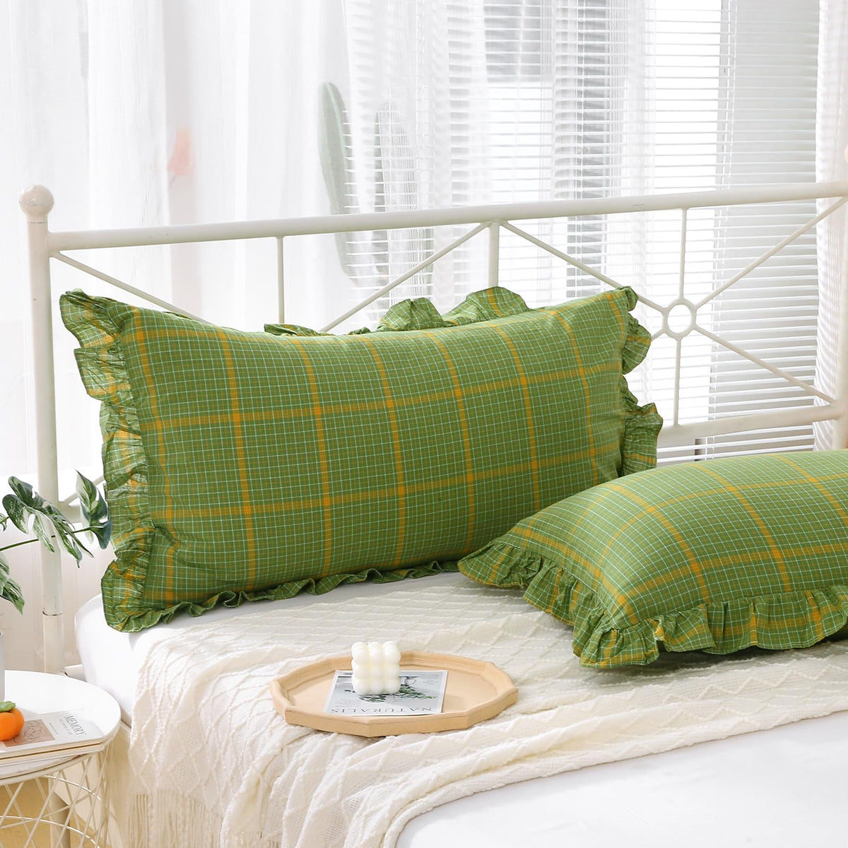 K Masaniji 2 Pack Green Plaid King Size Pillow Shams 20X36 Inches, 100% Cotton Rustic Ruffle Gingham Pillow Covers For Bed/Sofa