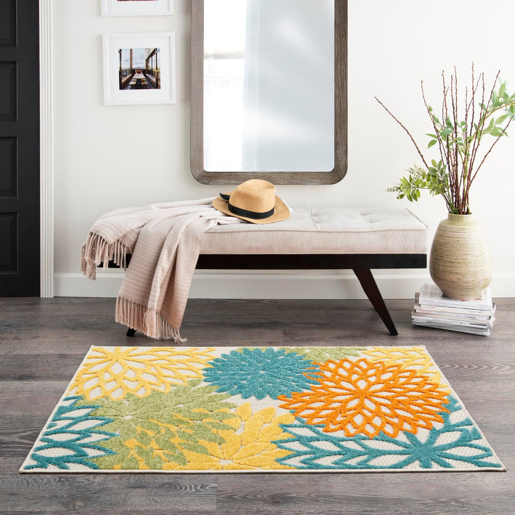 Nourison Aloha Indoor/Outdoor Turquoise/Multicolor 3' X 5' Area Rug, Easy Cleaning, Non Shedding, Bed Room, Living Room, Dining Room, Deck, Backyard, Patio (3X5)