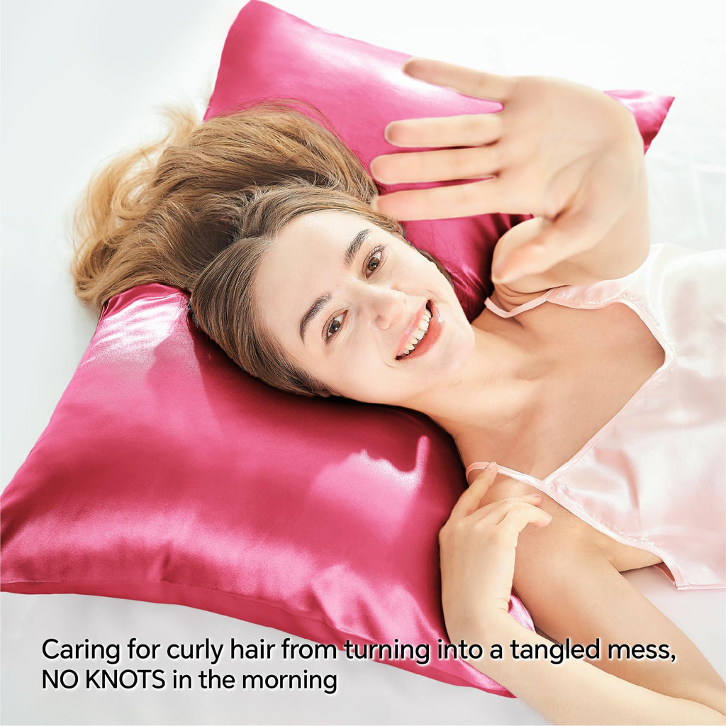 Bedelite Satin Pillowcase With Zipper, Hot Pink Pillow Cases Queen Size Set Of 2, Super Soft And Cooling Similar To Silk Pillow