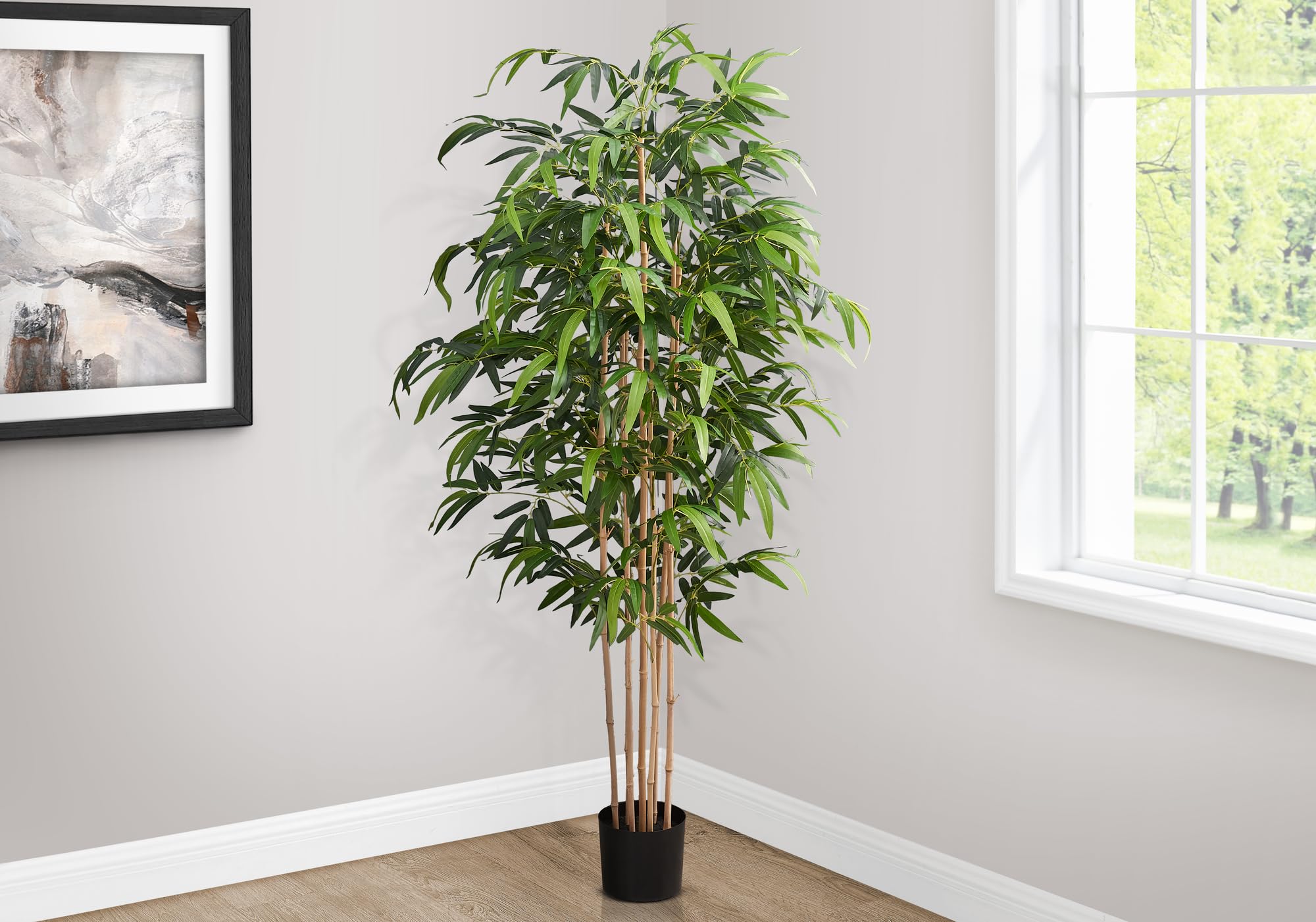 Monarch Specialties I 9592 Artificial Plant, 83' Tall, Bamboo Tree, Floor, Indoor, Potted, Real Touch, Green Leaves, Black Pot