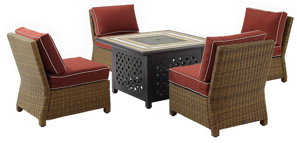 Crosley Furniture Bradenton 5-Piece Wicker Outdoor Chair Patio Furniture Set with Propane Gas Fire Pit Table, Brown with Sangria Cushions