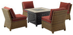 Crosley Furniture Bradenton 5-Piece Wicker Outdoor Chair Patio Furniture Set with Propane Gas Fire Pit Table, Brown with Sangria Cushions
