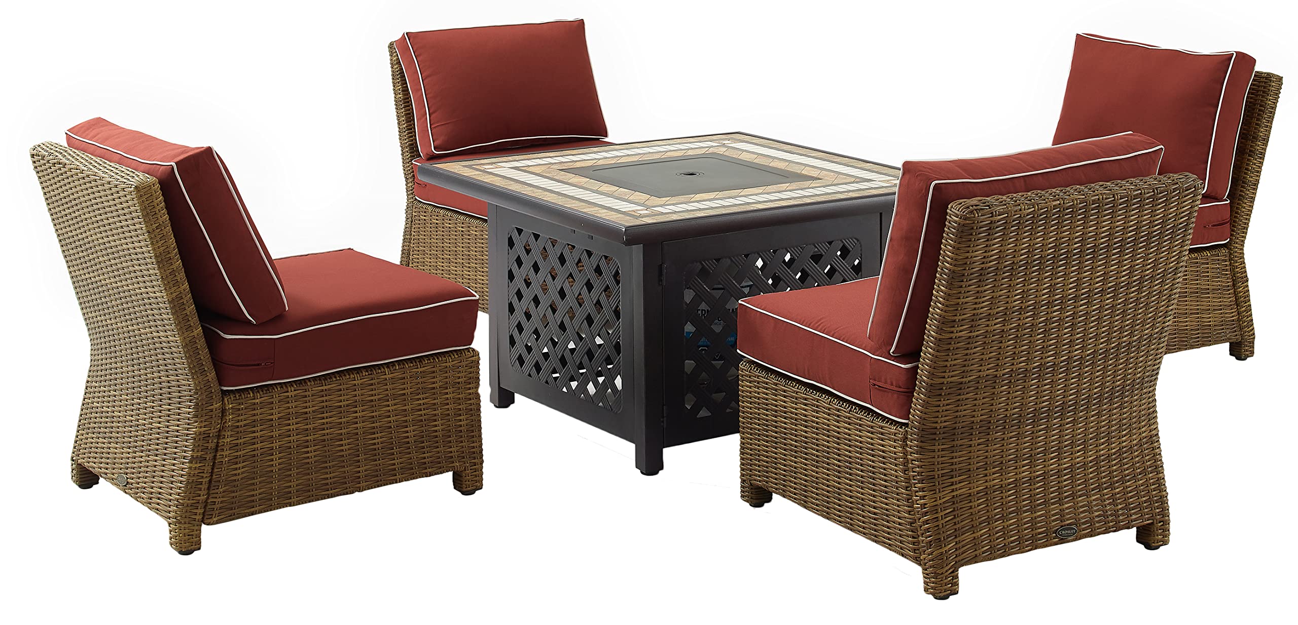 Crosley Furniture Bradenton 5-Piece Wicker Outdoor Chair Patio Furniture Set with Propane Gas Fire Pit Table, Brown with Sangria Cushions