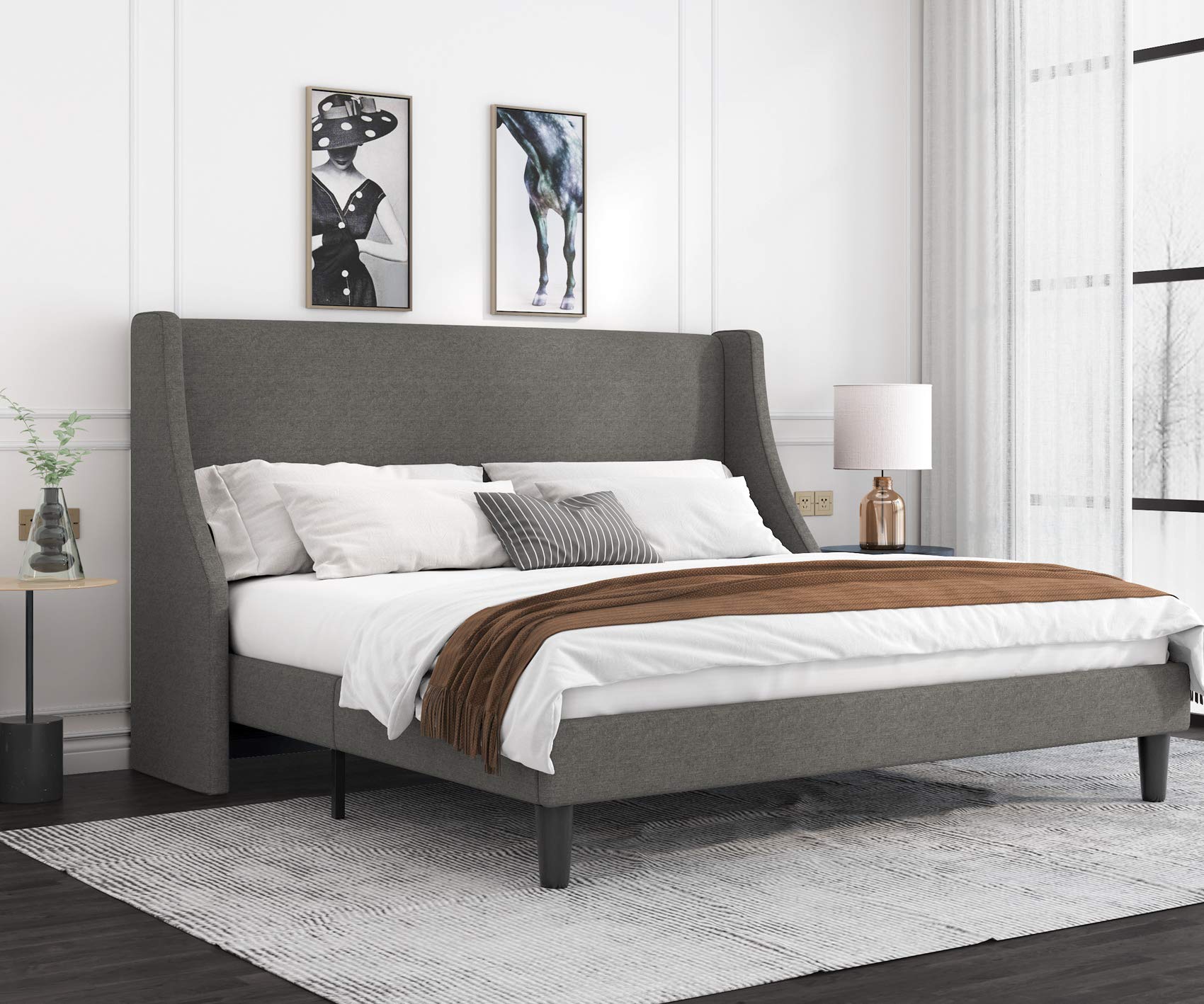 Allewie King Size Bed Frame, Platform Bed Frame With Upholstered Headboard, Modern Deluxe Wingback, Wood Slat Support, Mattress Foundation, Light Grey