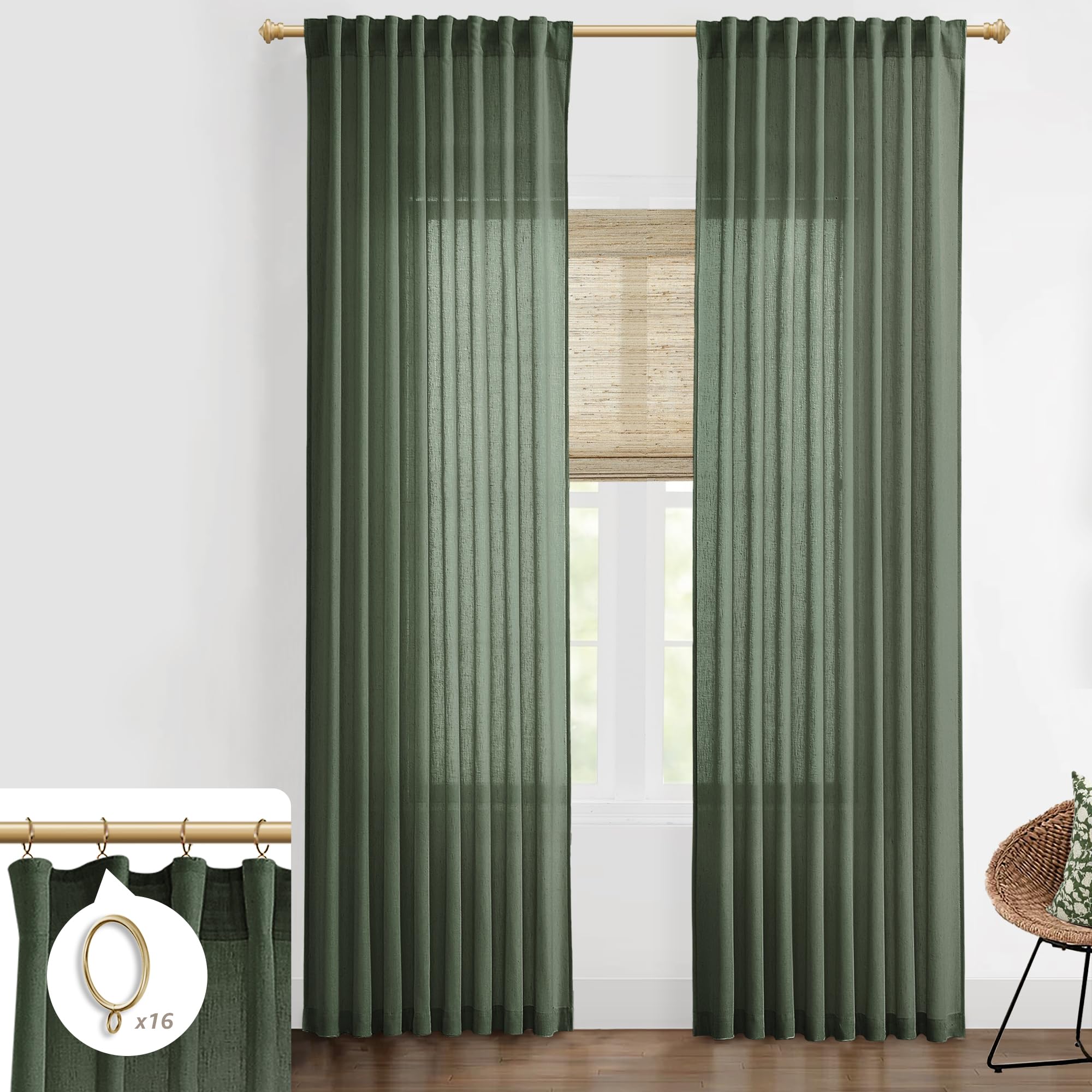Shineland Dark Green Curtains 96 Inches Long 2 Panel Set For Office,Decorative Sheer Linen Earth Tone Moody Boho Curtains For Christmas Living Room Bedroom