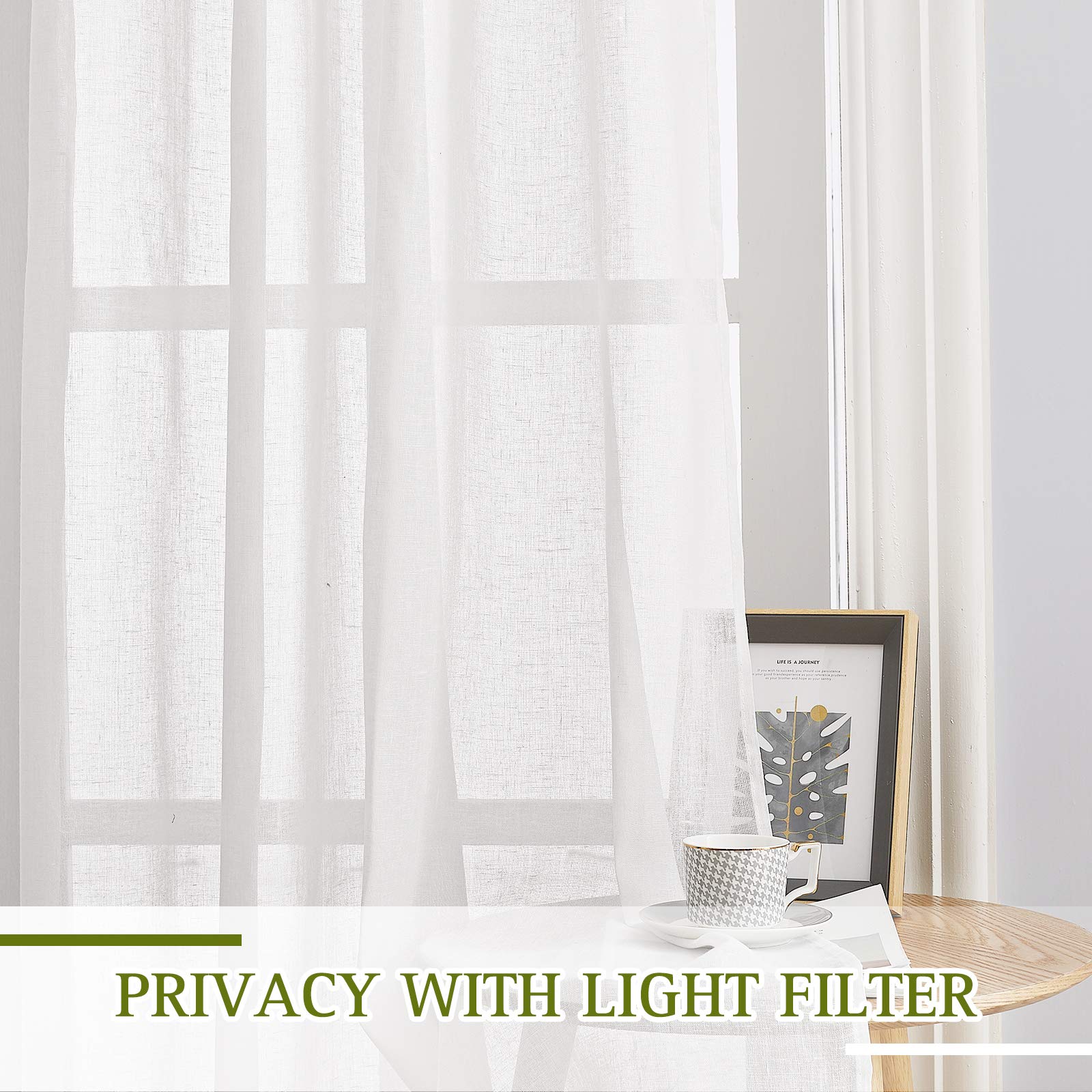 Nicetown White Linen Sheer Curtains 63 Inch Length, Vintage Grommet Linen Textured Semitransparent Privacy Window Treatment Ligh