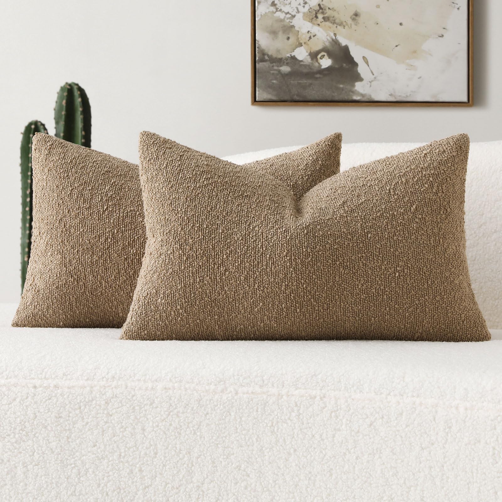 Futei Pack Of 2 Khaki Boucle Accent Decorative Throw Pillow Covers,12X20 Inch Soft Solid Textured Lumbar Pillow Cases,Home Decor