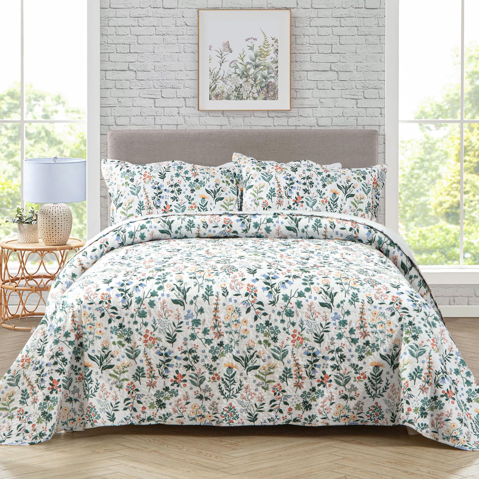 Travan 3-Piece Quilt Set Quilted Bedspread Lightweight Coverlet Set Garden Style Floral Printed Oversized Quilted Bedding Set Wi