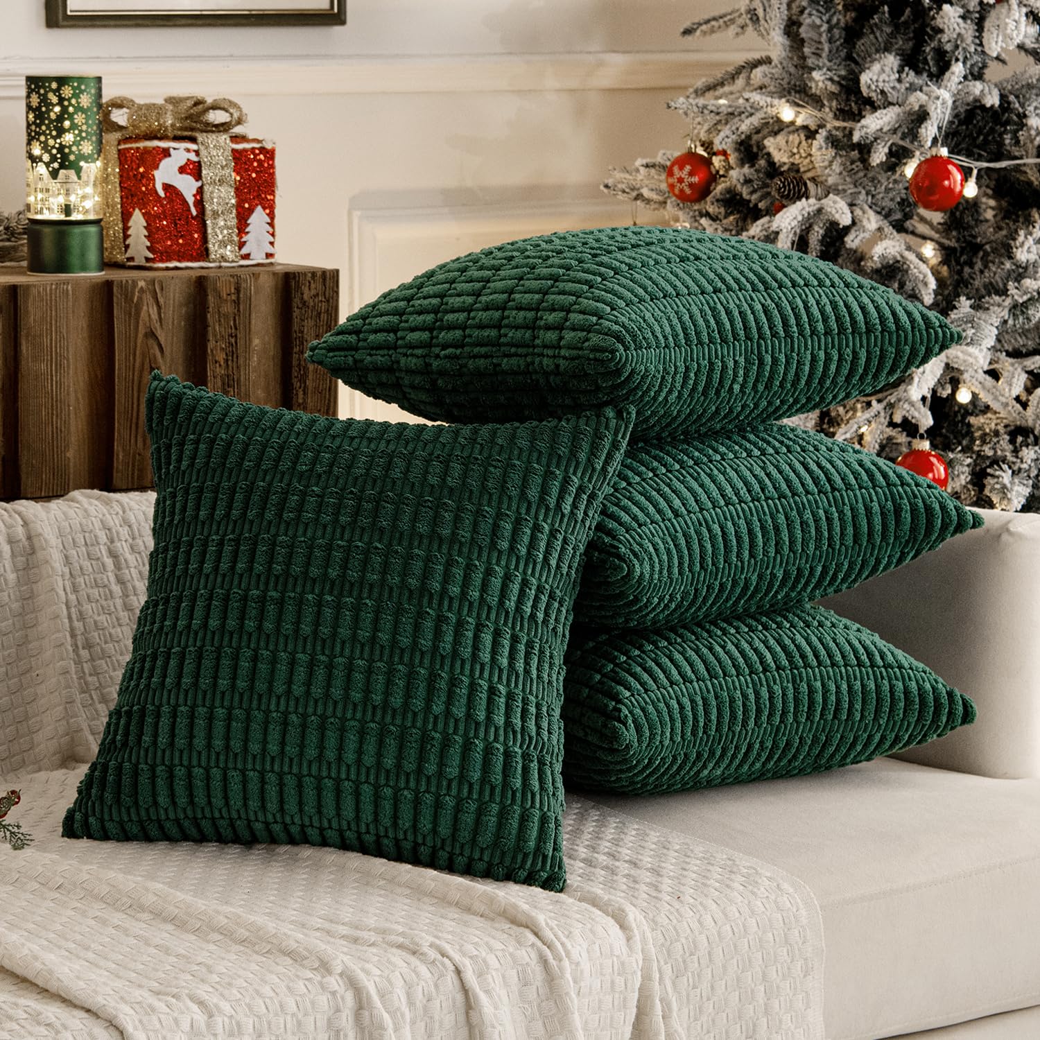 Miulee Pack Of 4 Dark Green Corduroy Decorative Throw Pillow Covers 18X18 Inch Soft Boho Striped Pillow Covers Modern Farmhouse Home Decor For Sofa Living Room Couch Bed