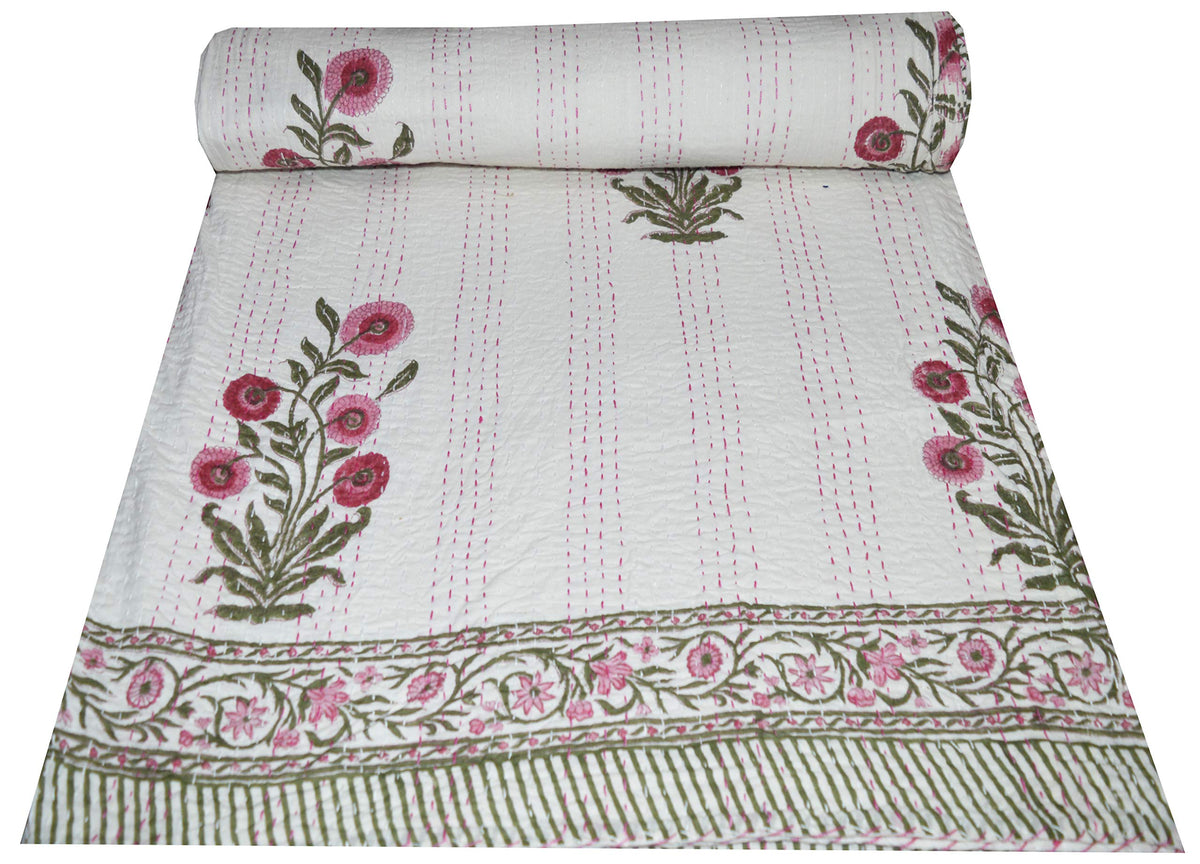 V Vedant Designs Indian Block Floral Print Twin Size Kantha Quilt Blanket Bed Cover Bedspread Bohemian Bedding