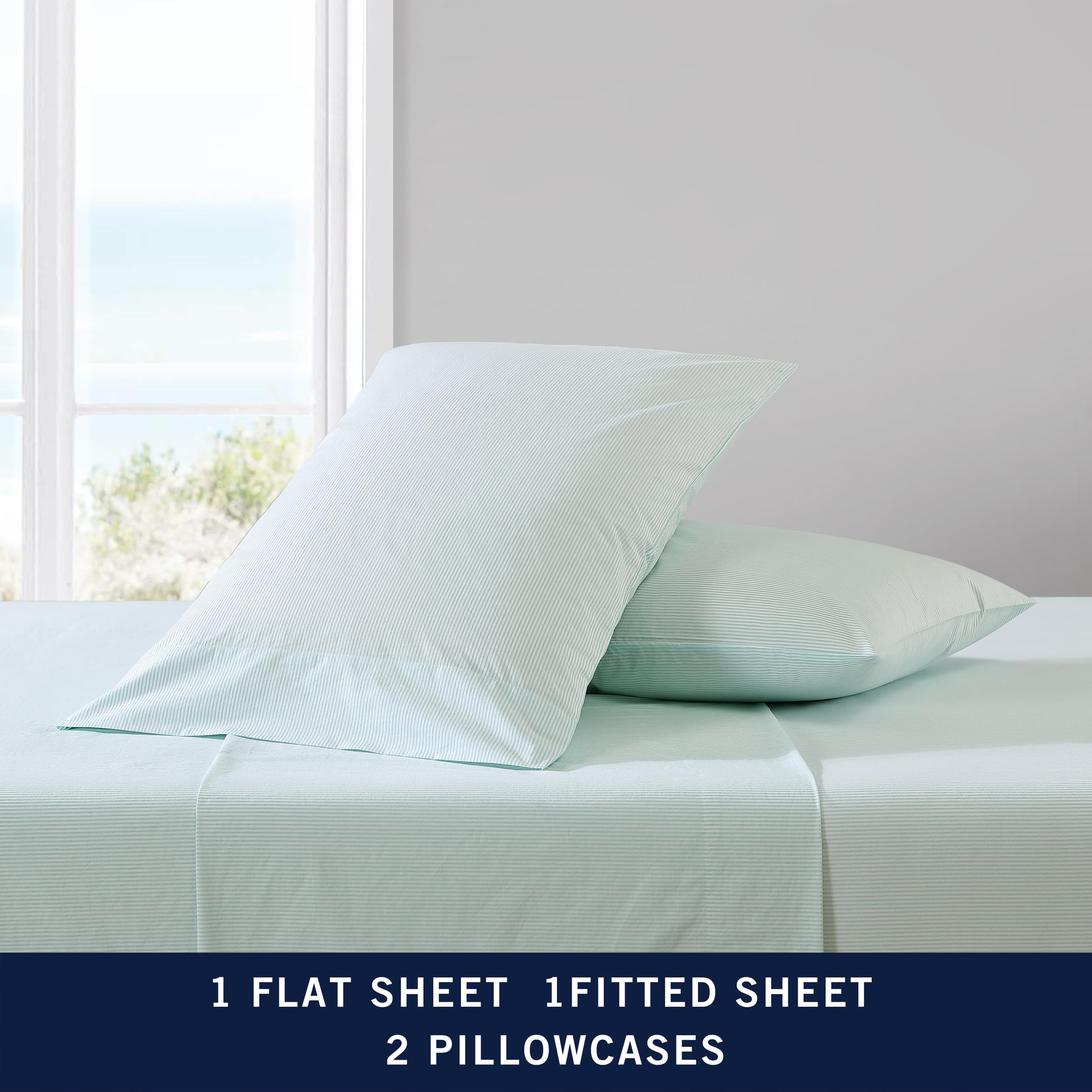 Nautica - Twin Xl Sheet Set, Cotton Percale Bedding Set, Crisp & Cool, Lightweight & Breathable (Penny Pinstripe White, Twin Xl)