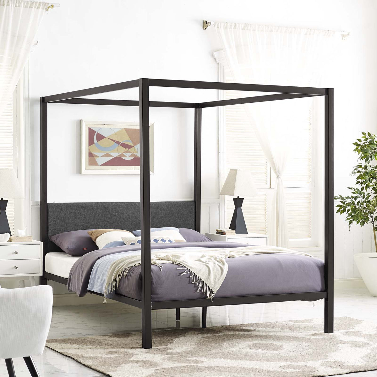 Modway Raina Metal Queen Canopy Bed Frame With Upholstered Gray Fabric Headboard In Brown Gray