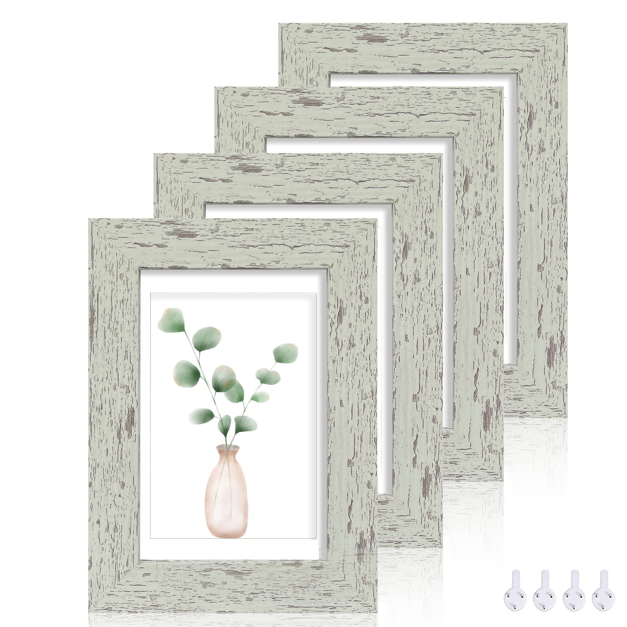 Hongkee 5x7 Picture Frame Set of 4, Made of Real Glass and Sage Green Wooden Frame, 5 by 7 Photo for Wall or Tabletop - Display 