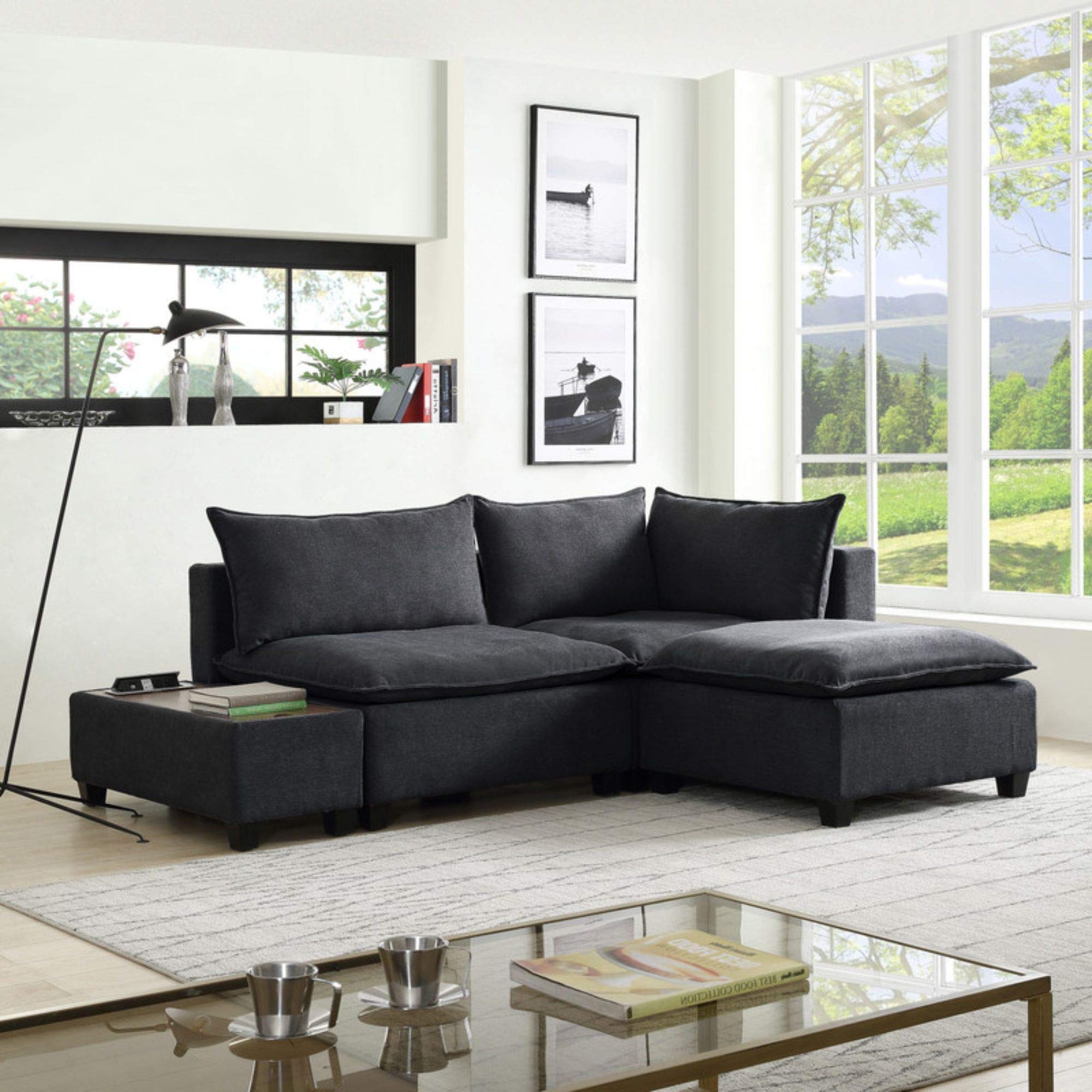 Lilola Home Madison Dark Gray Fabric Sectional Loveseat Ottoman with USB Storage Console Table