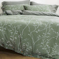 Oreise Duvet Cover Set Full/Queen Size Washed Cotton Yarn, Jacquard Green And White Thick Branch Pattern Floral Style 3Piece Bed