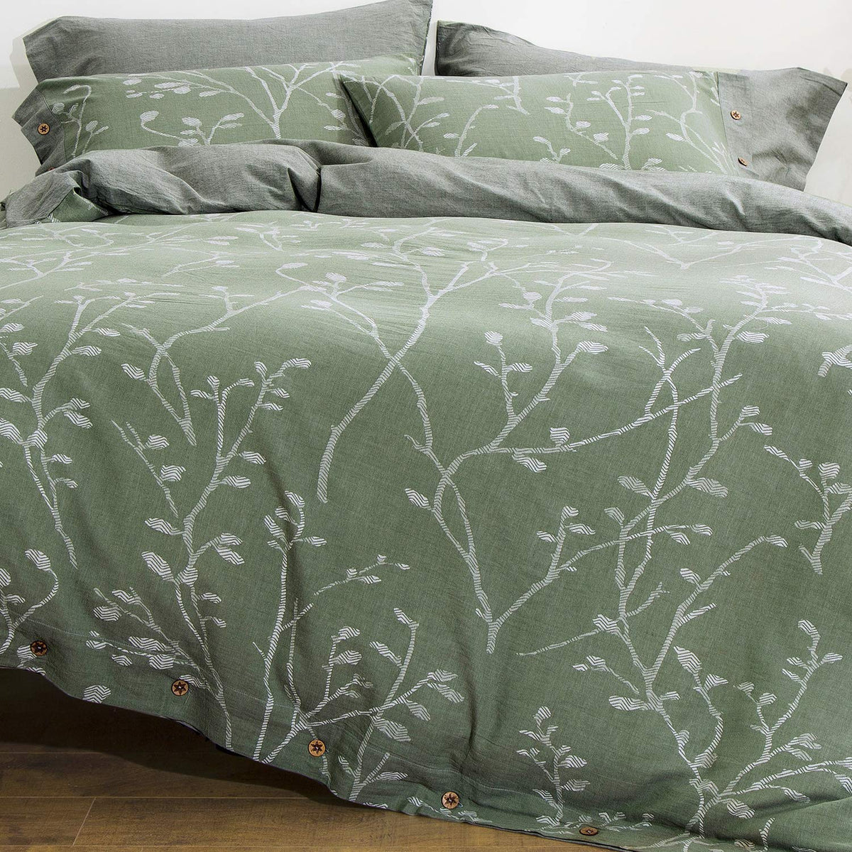Oreise Duvet Cover Set Full/Queen Size Washed Cotton Yarn, Jacquard Green And White Thick Branch Pattern Floral Style 3Piece Bed