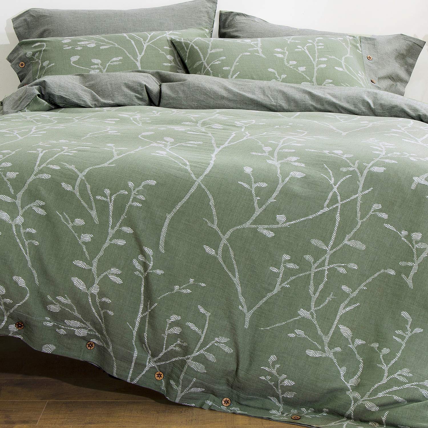 Oreise Duvet Cover Set Full/Queen Size Washed Cotton Yarn, Jacquard Green And White Thick Branch Pattern Floral Style 3Piece Bed