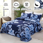 Drucon Floral Quilt Set Queen 3 Pieces Navy Blue Floral Quilt Coverlet Set Soft Microfiber Lightweight Navy Blue Quilted Bedspre