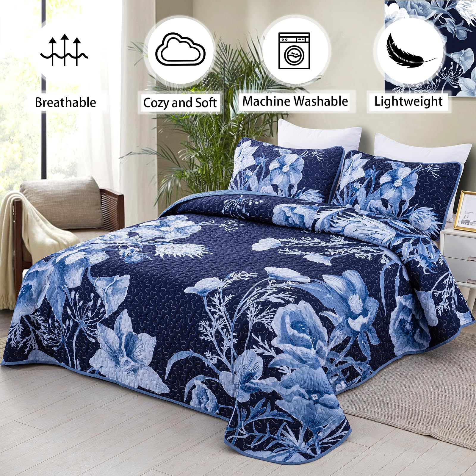 Drucon Floral Quilt Set Queen 3 Pieces Navy Blue Floral Quilt Coverlet Set Soft Microfiber Lightweight Navy Blue Quilted Bedspre