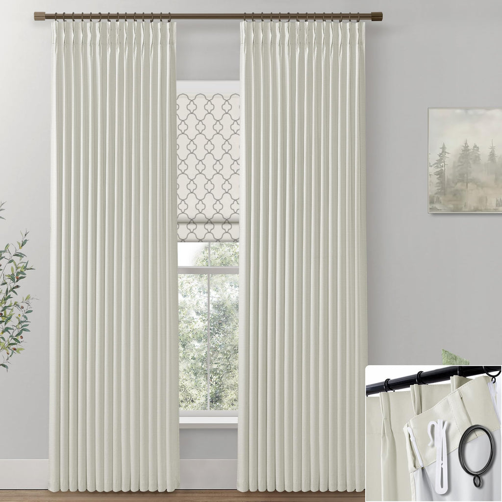 Shineland Cream Blackout Curtains 102 Inch Long,Ivory Black Out Pinch Pleated Insulated Window Coverings For Winter