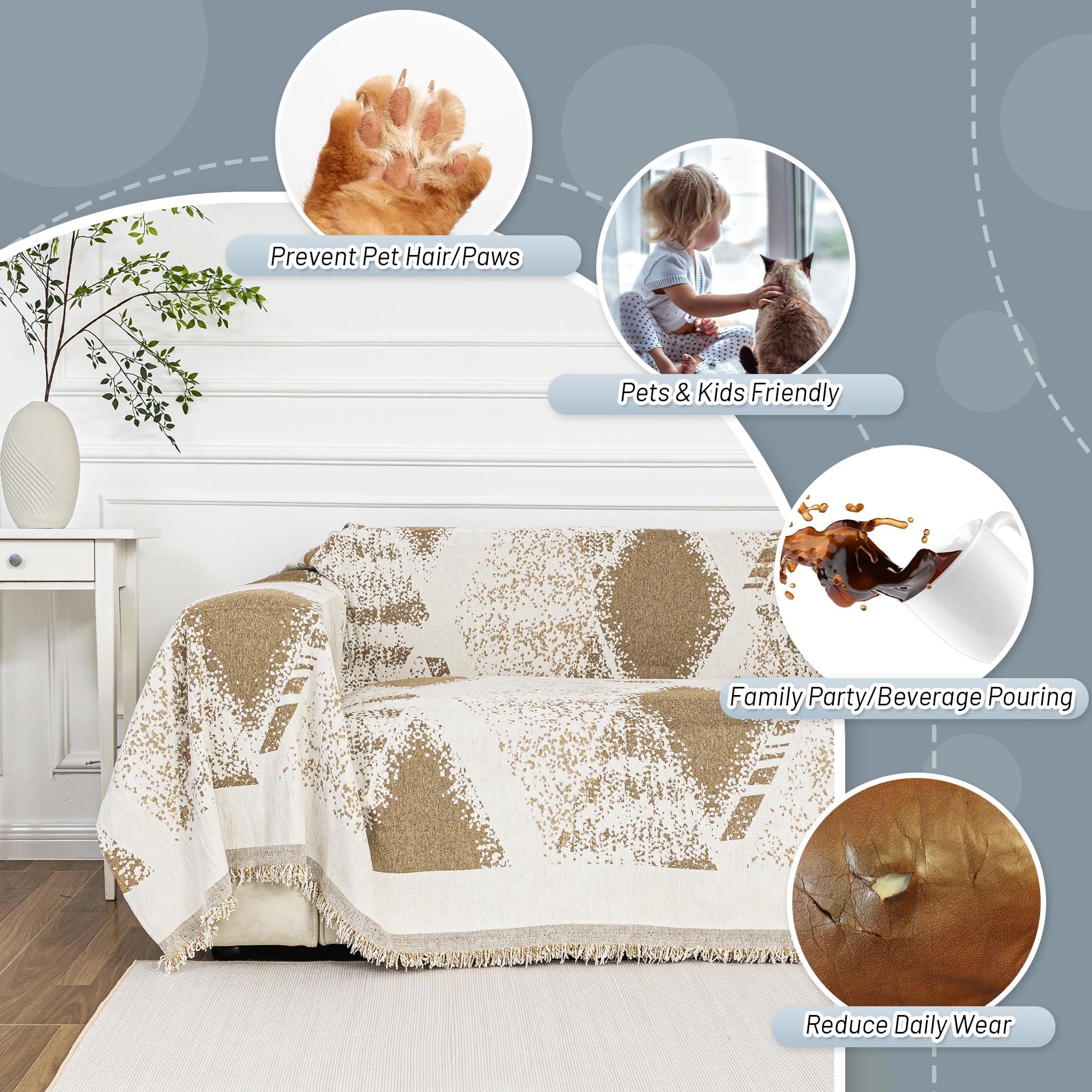 Mysky Home Couch Cover For Dogs Washable Khaki Rhombic Couch Sofa Protector Dogs Pets Friendly Chenille Geometric Sofa Covers So