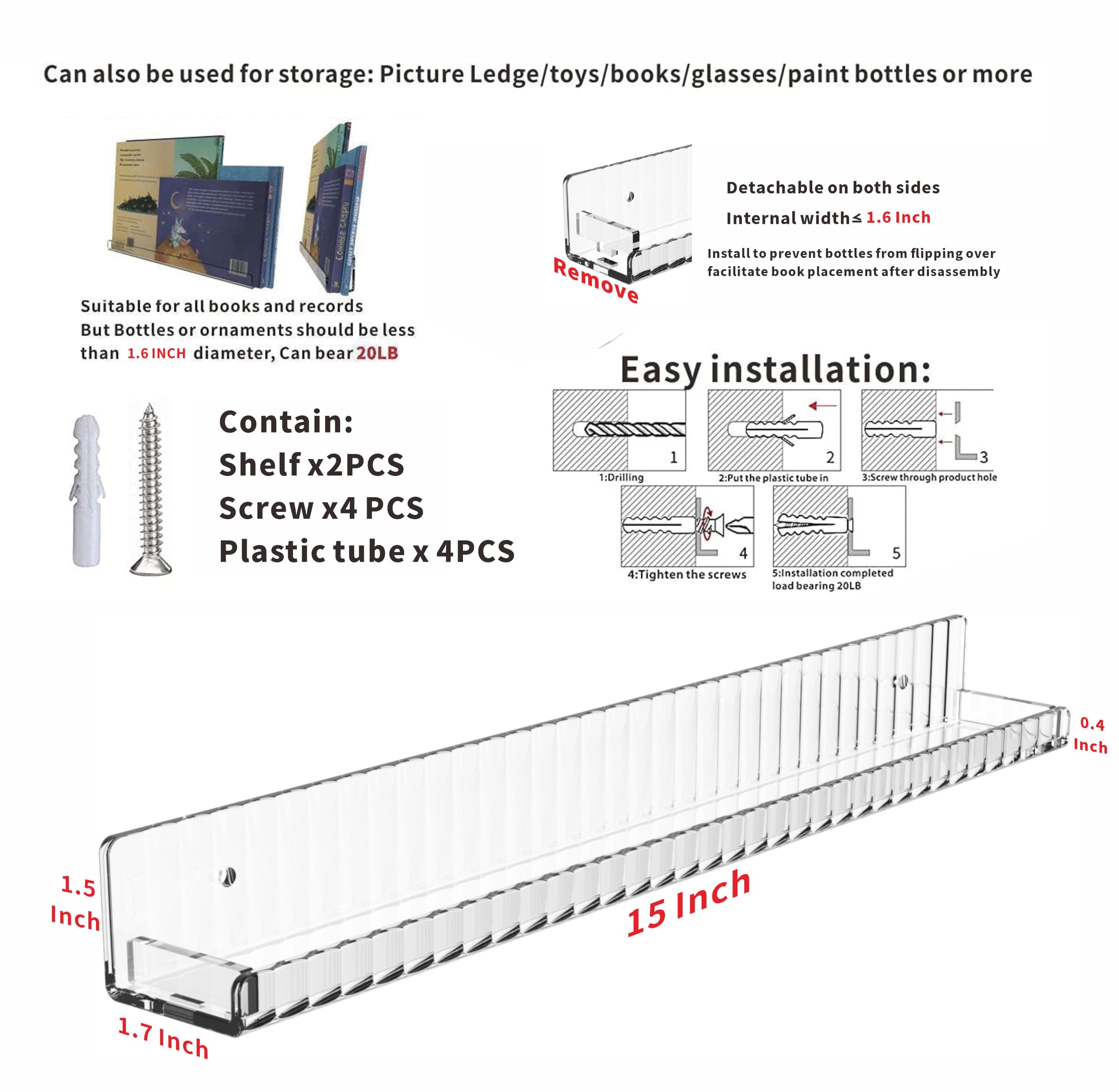 Cq Acrylic 2 Pack Acrylic Clear Floating Bookshelf For Kids Room,15' Invisible Wall Mounted Hanging Book Shelves,U Modern Picture Ledge Display Toy Storage Vinyl Record Wall Shelf,Clear