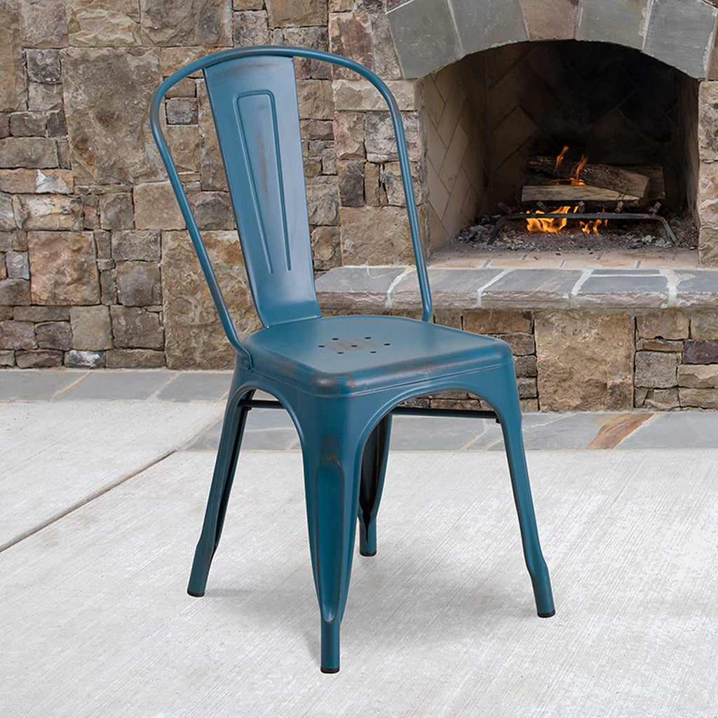 Flash Furniture Commercial Grade Distressed Antique Blue Metal Indoor-Outdoor Stackable Chair