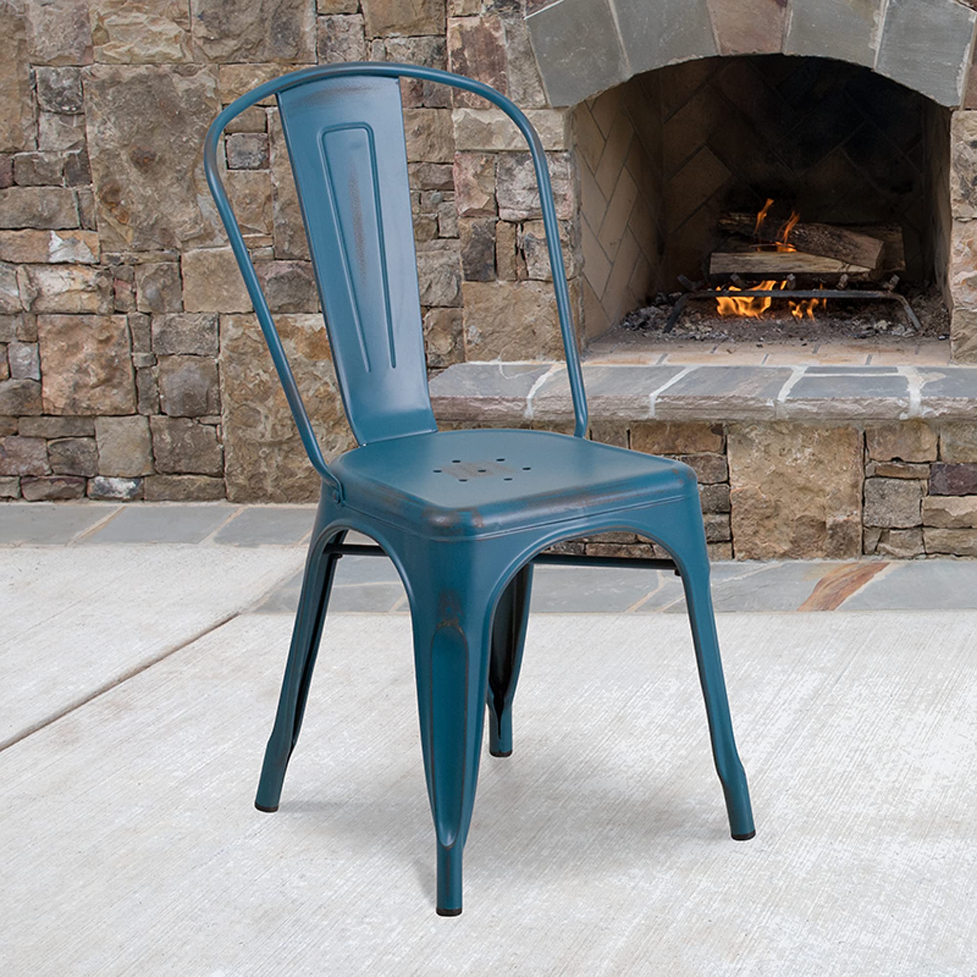 Flash Furniture Commercial Grade Distressed Antique Blue Metal Indoor-Outdoor Stackable Chair