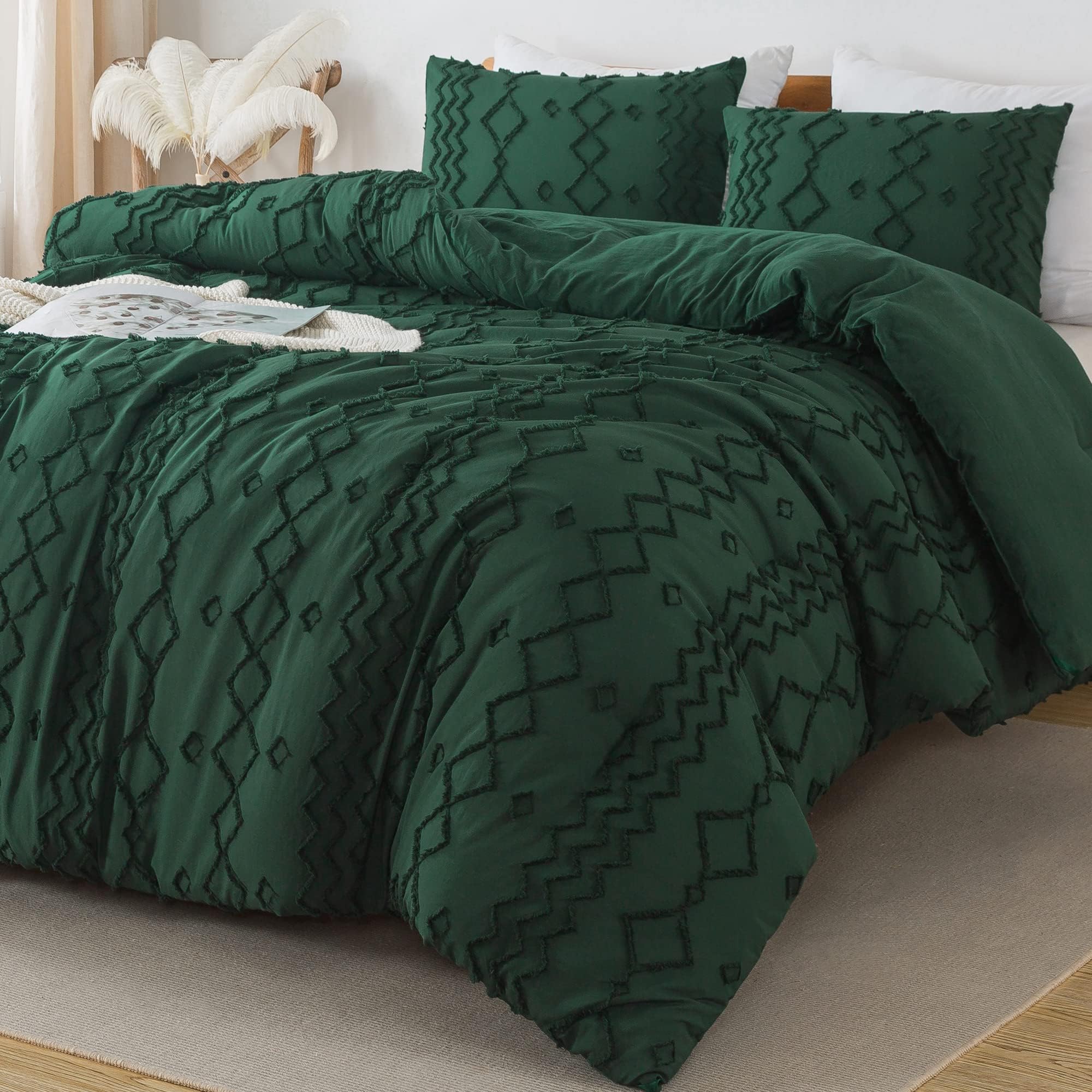 Andency Comforter Full Size Dark Emerald Green Set (79X90 Inch), 3 Pieces(1 Boho Comforter, 2 Pillowcases) Forest Green Tufted F