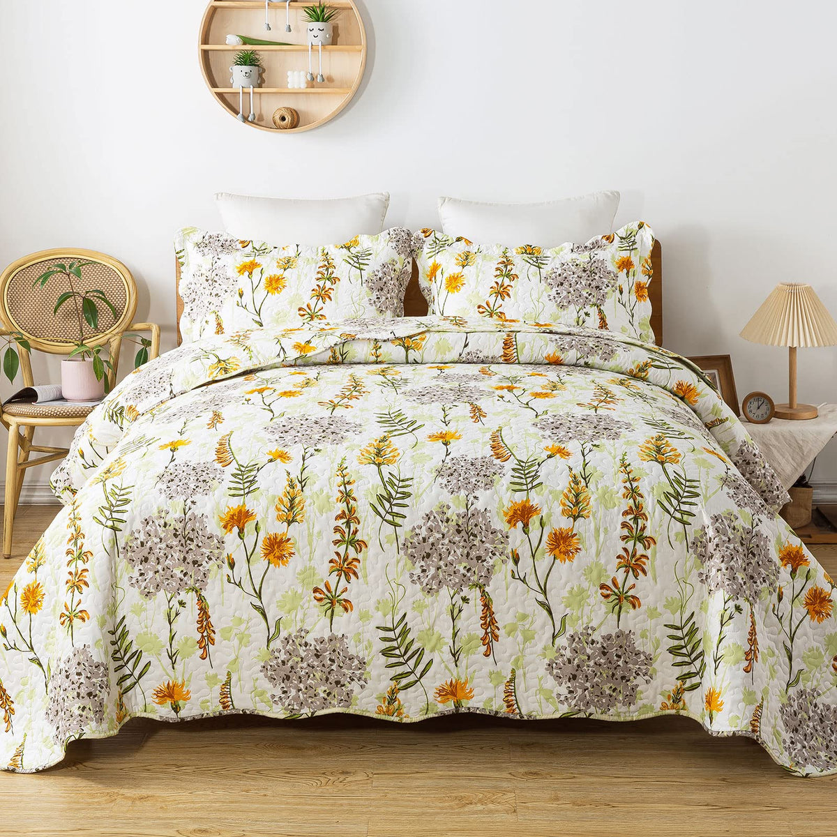 Travan 3-Piece Quilt Set Quilted Bedspread Lightweight Reversible Coverlet Set Floral Printed Oversized Quilted Bedding Set With