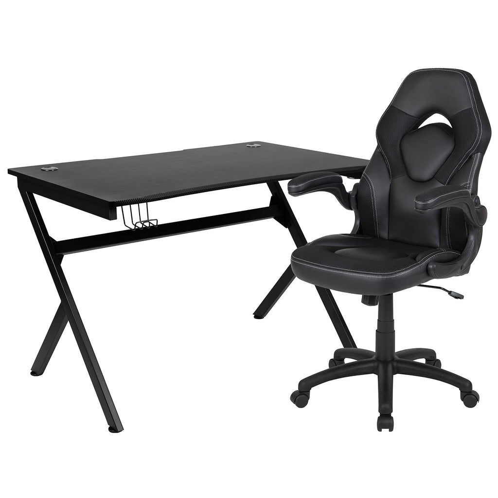 Flash Furniture Optis Black Gaming Desk and Black Racing Chair Set with Cup Holder, Headphone Hook & 2 Wire Management Holes