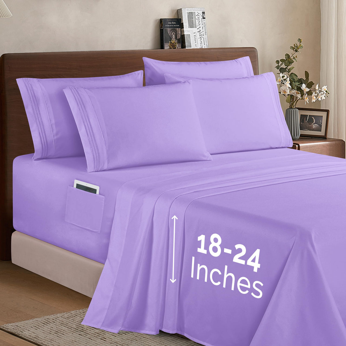 Elegant Comfort 1500 Premium Quality 6-Piece Bed Sheet Set - 18-24 Inch Extra Deep Pocket, Smart Storage Pockets, Wrinkle Free U