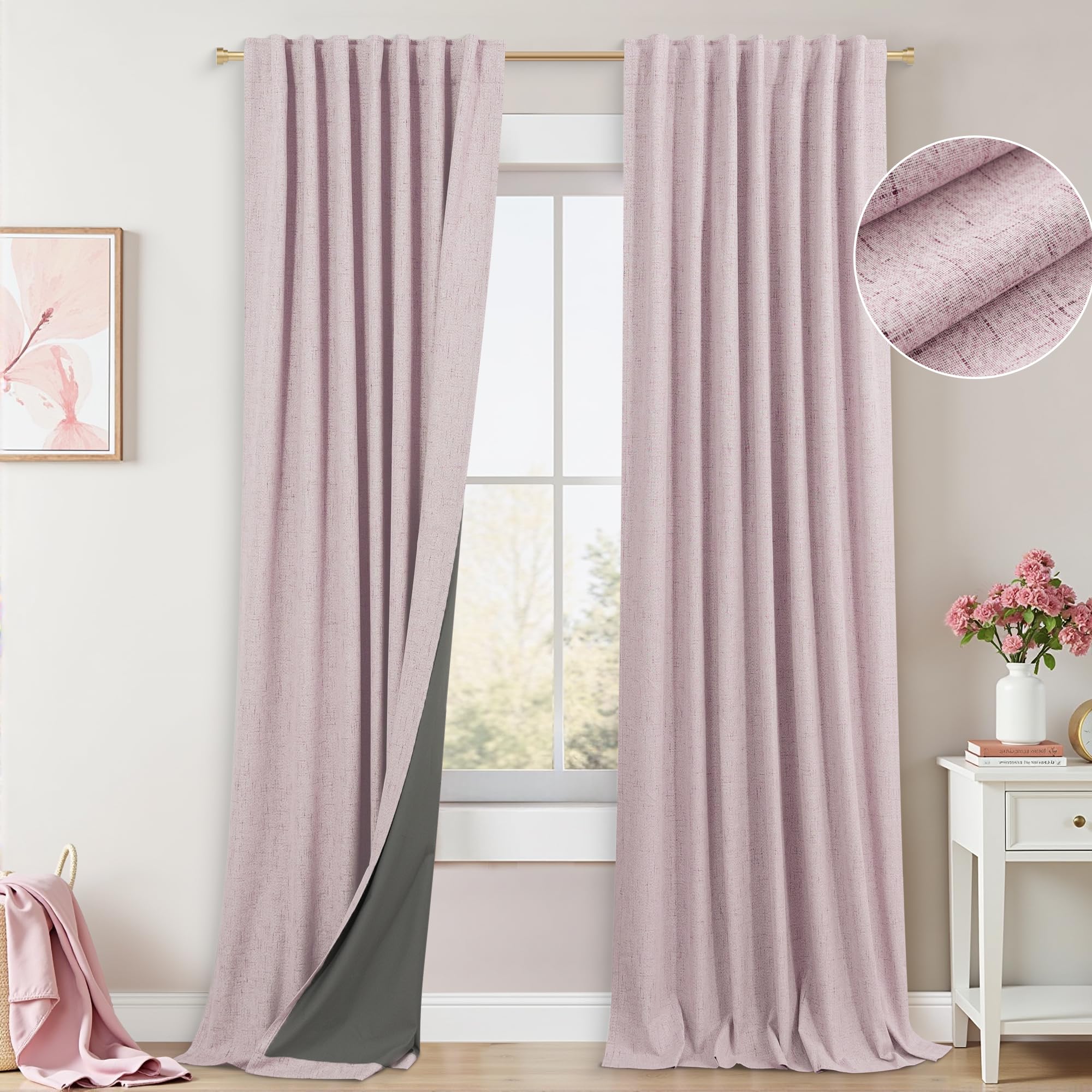 Koufall Pink Back Tab Linen Blackout Curtains 52X90 Inches Long