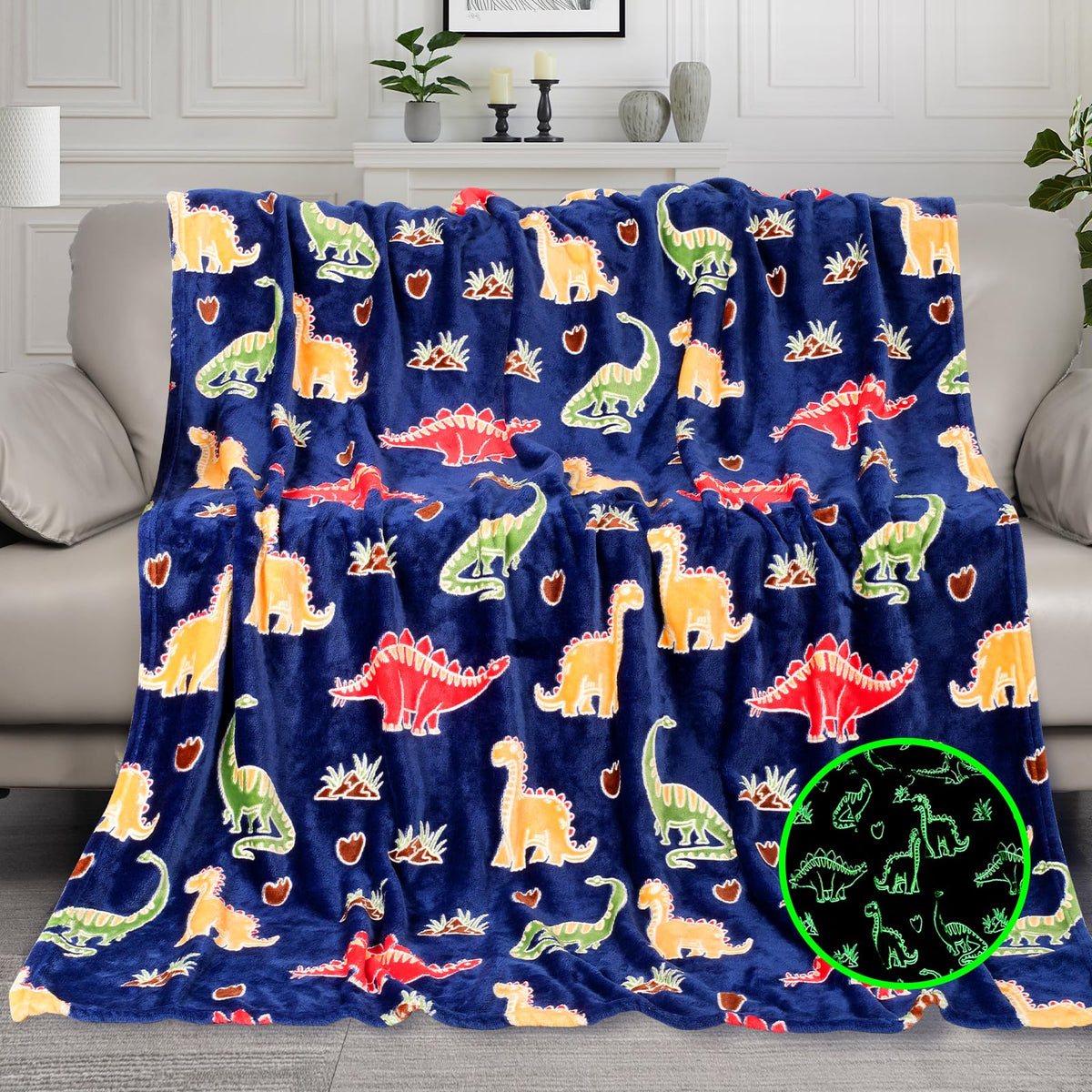 Kirmiku Glow In The Dark Blanket For Girls Boys, Dinosaur Blanket Gifts For Kids,Blue Dinosaur Throw Blanket For Home Decor, Sof