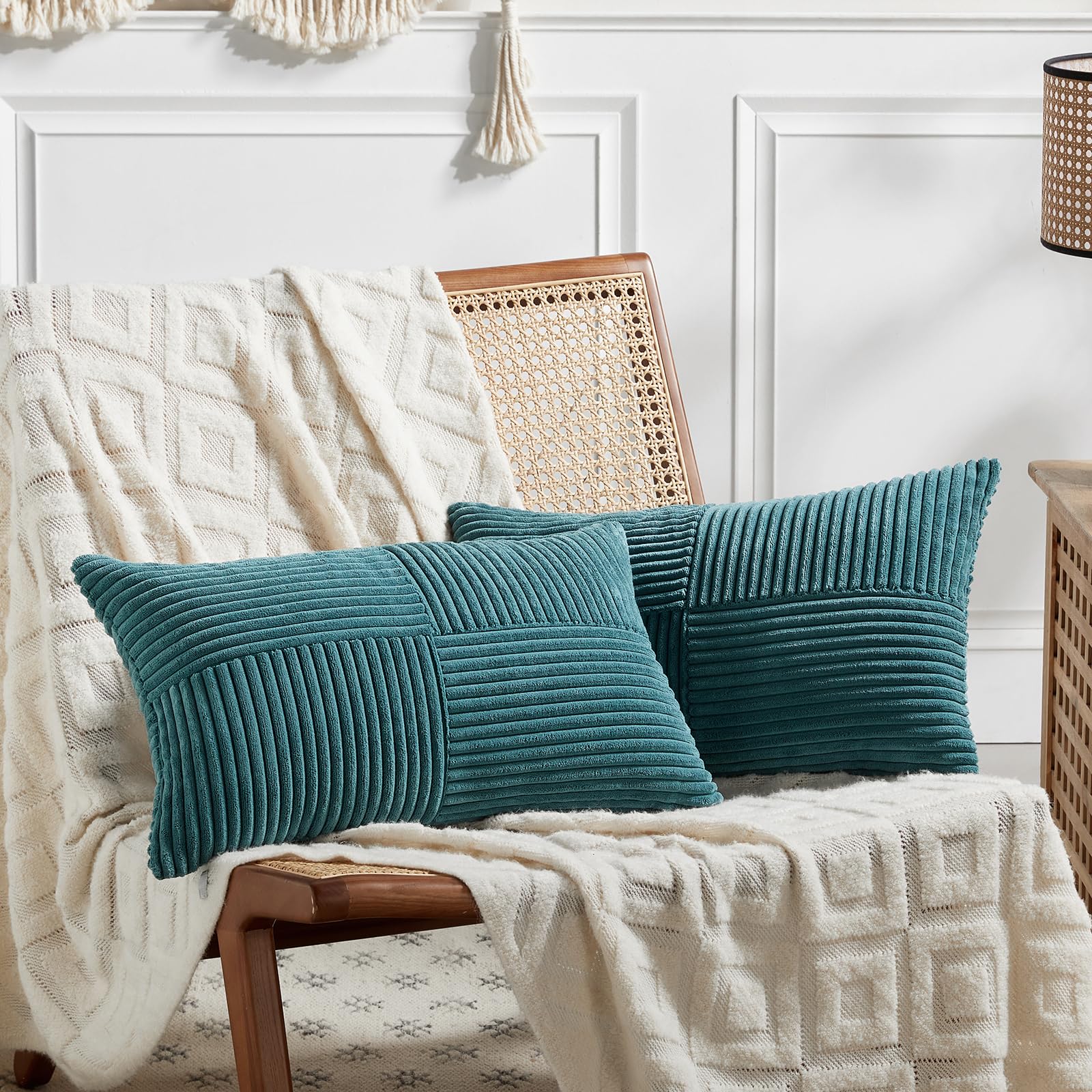 Fancy Homi 2 Packs Teal Long Lumbar Decorative Throw Pillow Covers 16X24 Inch For Couch Bed Sofa, Rustic Farmhouse Boho Home Dec