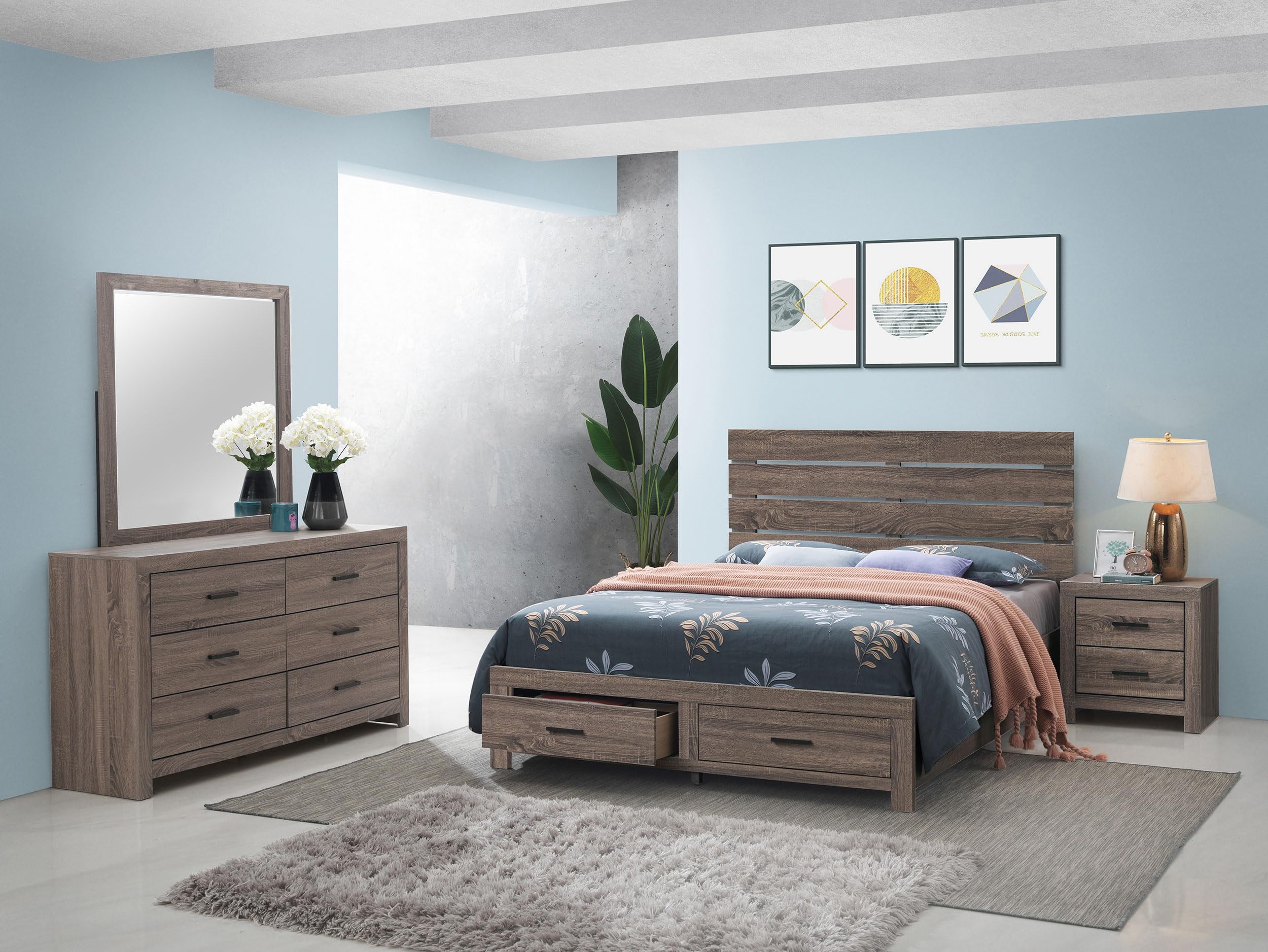 Coaster Home Furnishings Brantford Farmhouse 4-Piece Bedroom Set Eastern King Size Storage Panel Bed Frame 49-inch Headboard Barrel Oak 207040KE-S4