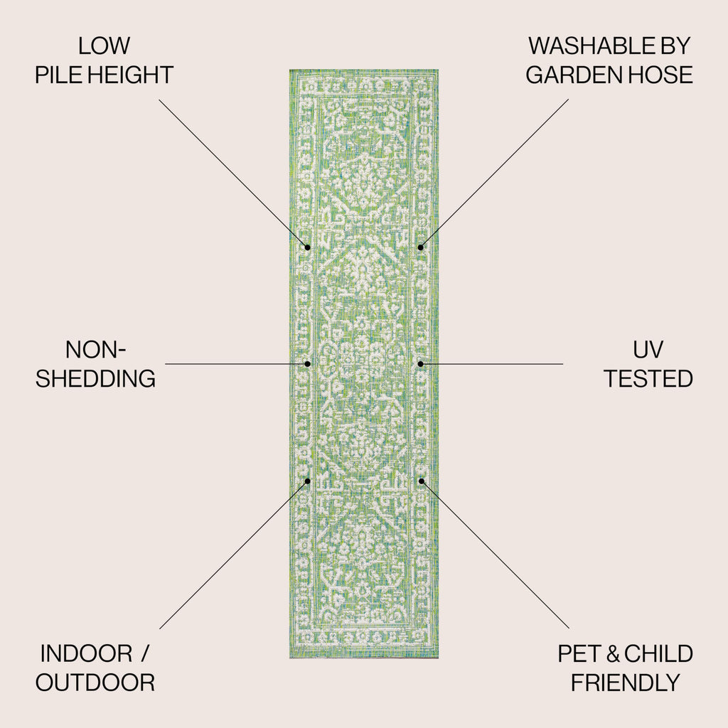 Jonathan Y Smb104F-28 Malta Bohemian Medallion Textured Weave Indoor Outdoor Area Rug, Coastal, Traditional, Transitional Easy Cleaning,Bedroom,Kitchen,Backyard,Patio,Non Shedding, Cream/Green, 2 X 8
