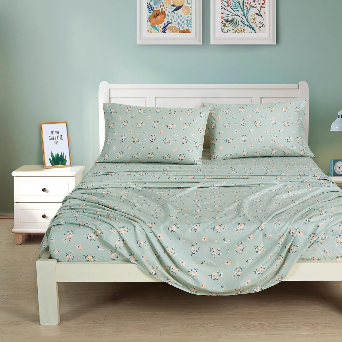 Chezmoi Collection Thistle 3-Piece Tranquil Floral Bed Sheet Set - Soft Green White Floral Printed Microfiber 14-Inches Deep Poc