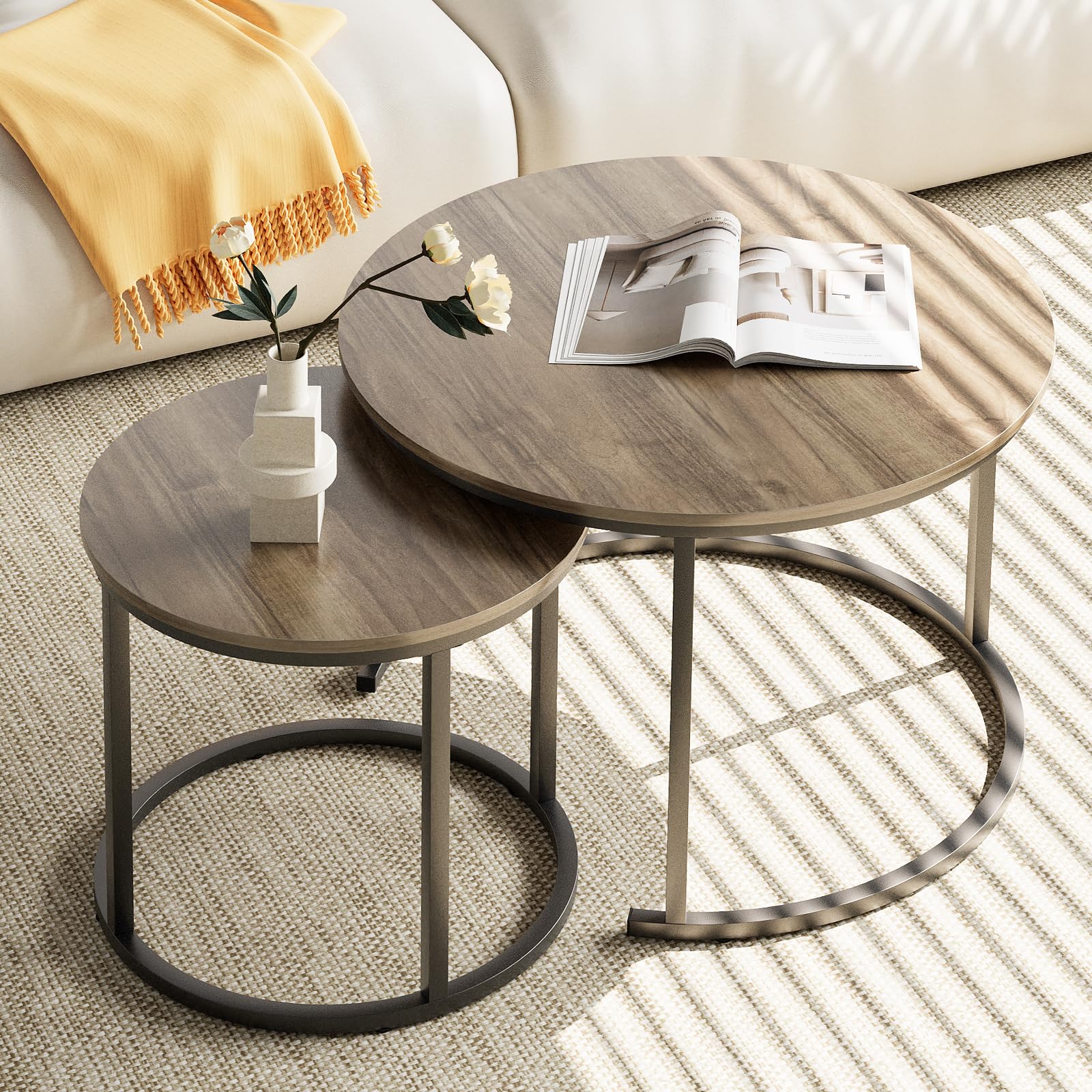 Aboxoo Coffee Table Nesting Side Round Table Set Of 2 End Table With Sturdy Metal Frame For Living Room Bedroom Apartment Modern Industrial Simple Nightstand,Oak