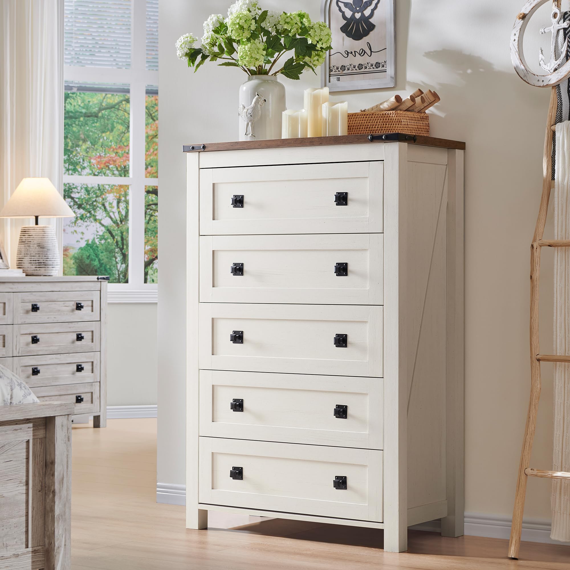 T4TREAM Farmhouse 5 Drawers Dresser Chests for Bedroom, Wood Rustic Tall Chest of Drawers, Dressers Organizer for Bedroom, Livin