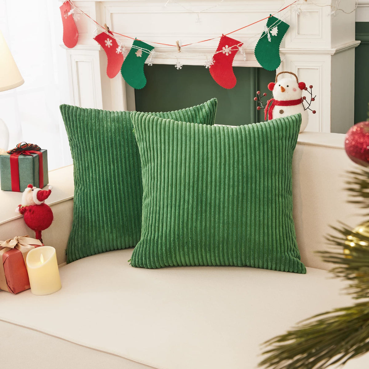 Deconovo Pillow Covers Green Throw Pillow Cover Pack Of 2 20X20 Inch, Square Corduroy Pillowcase Covers With Stripes Decorative
